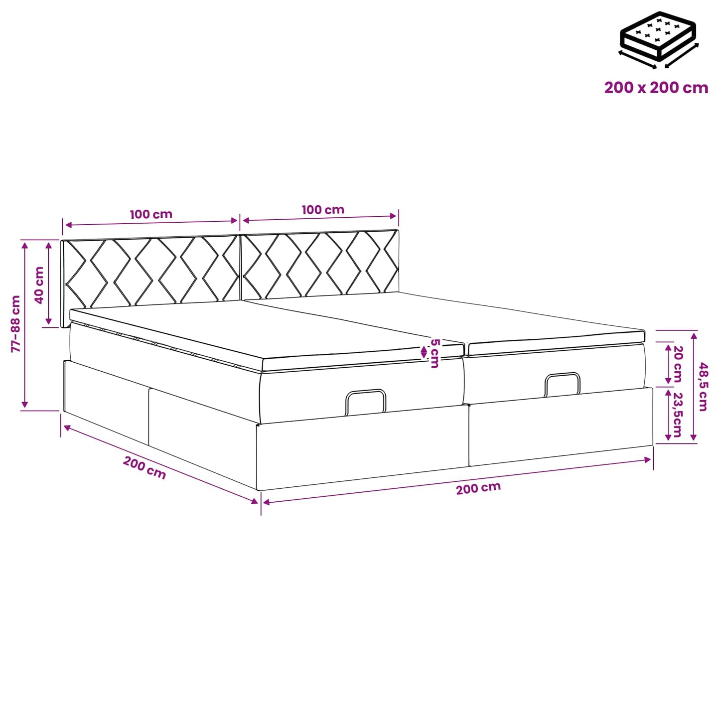 Ottoman Bed met Matrassen en LED Donkerblauw 200 x 200 cm