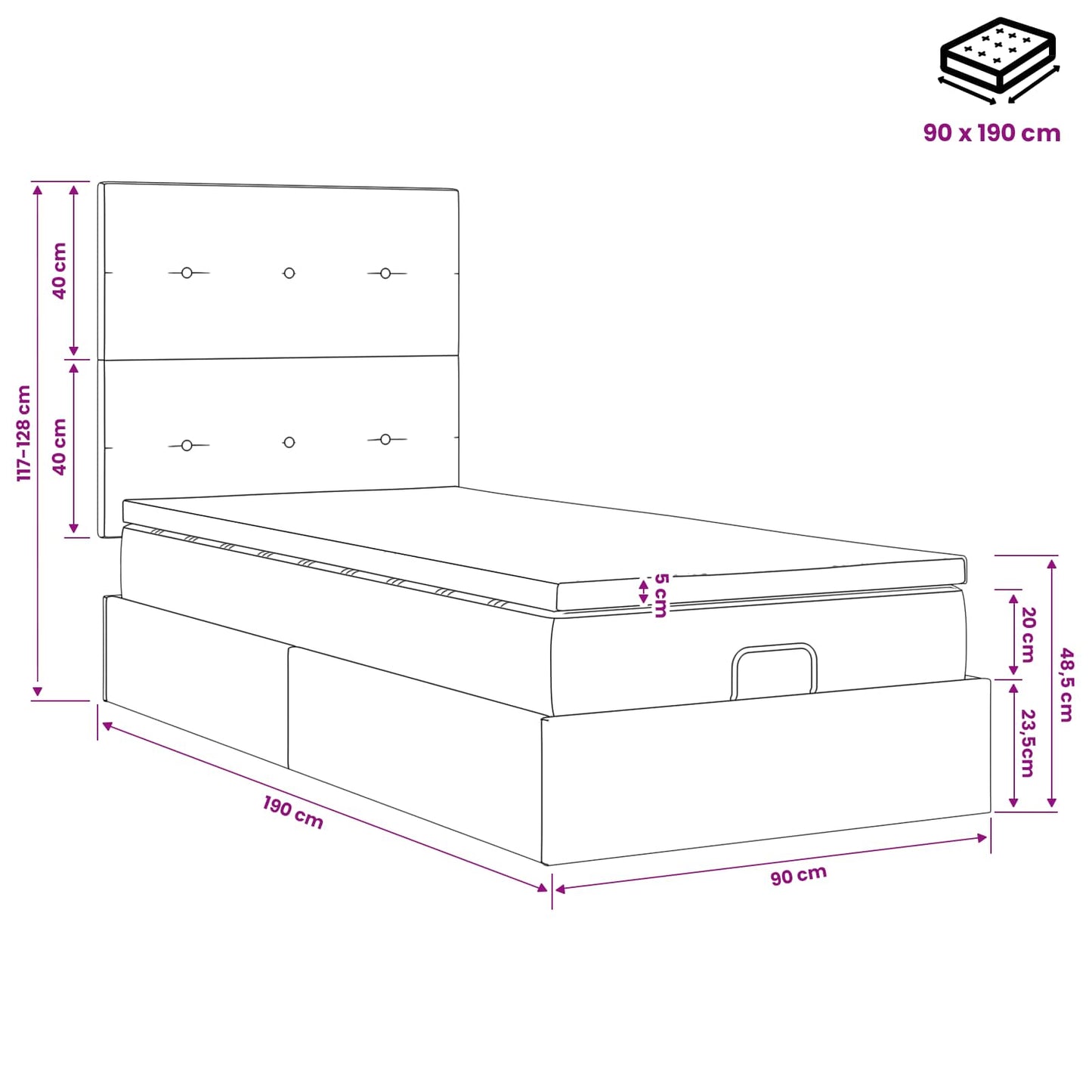 Ottoman bed met matras Lichtgrijs 90 x 190 cm Fluweel
