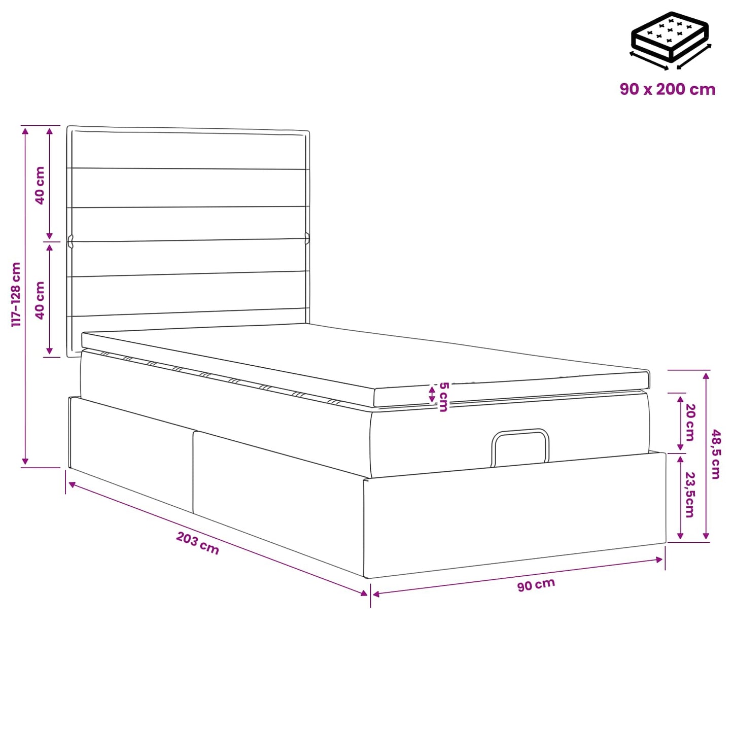 Ottoman Bed met Matrassen en LED Blauw 90 x 200 cm Stof