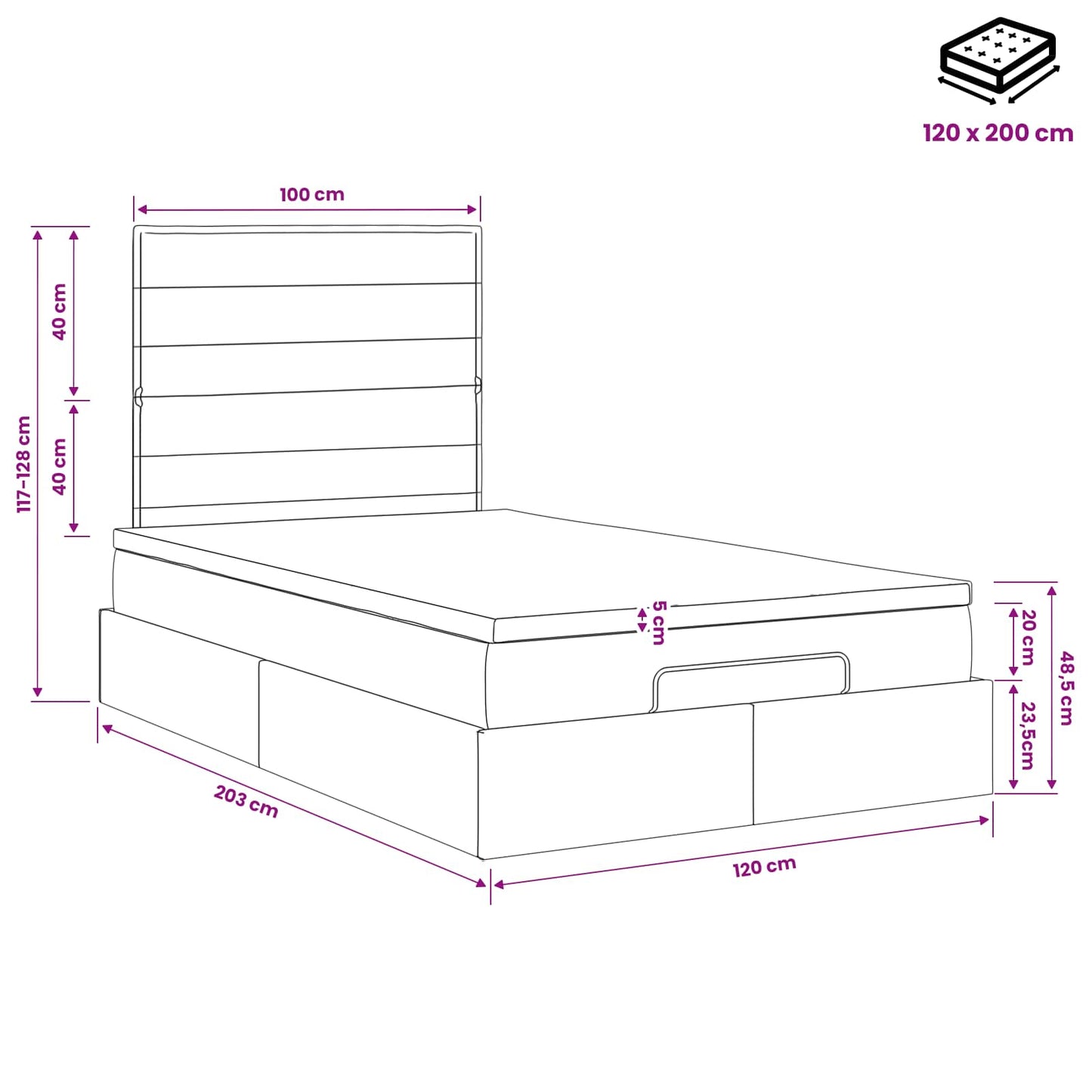 Ottoman Bed met Matrassen en LED Donkergrijs 120 x 200 cm Stof