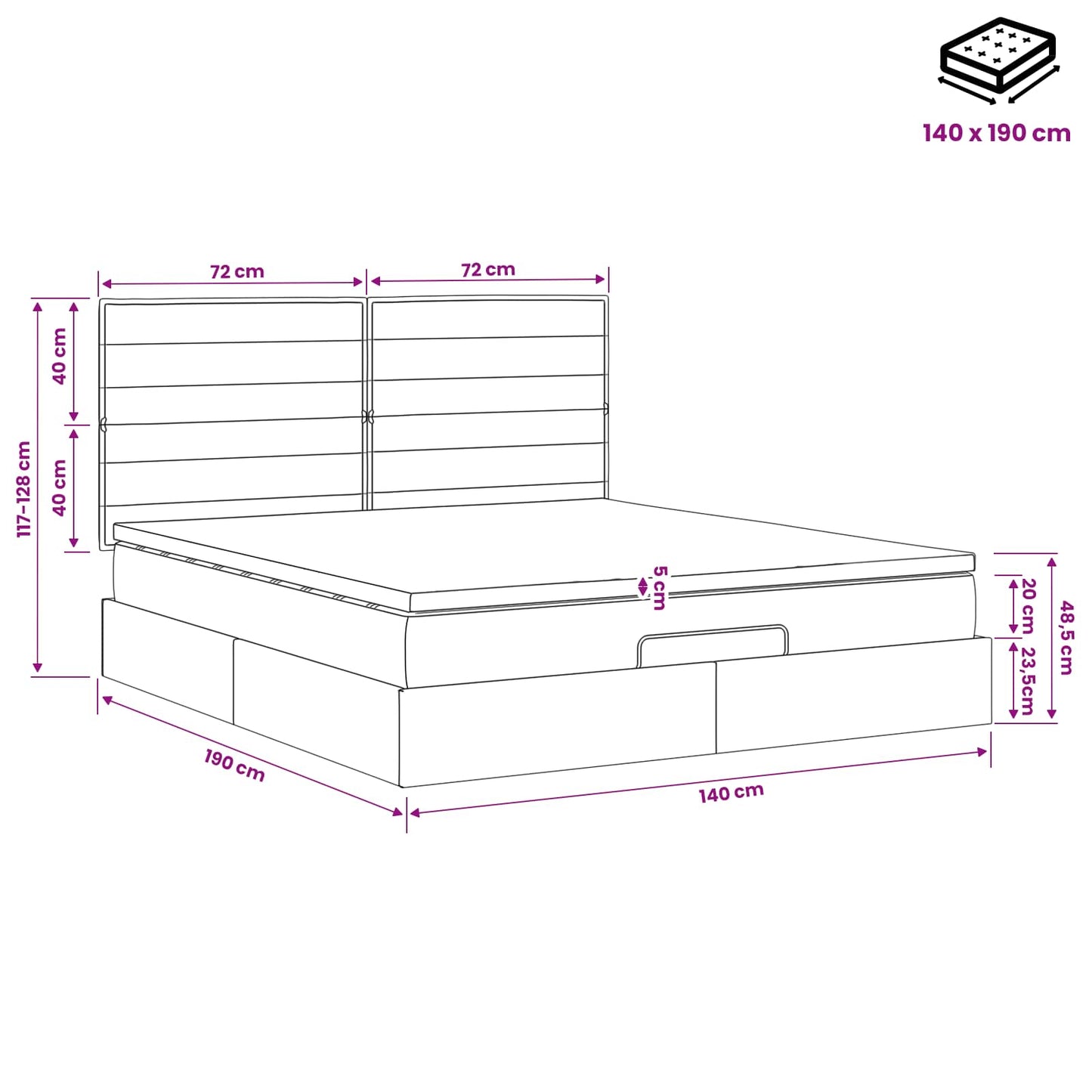 Ottoman Bed met Matrassen en LED Crèmekleurig 140 x 190 cm Stof