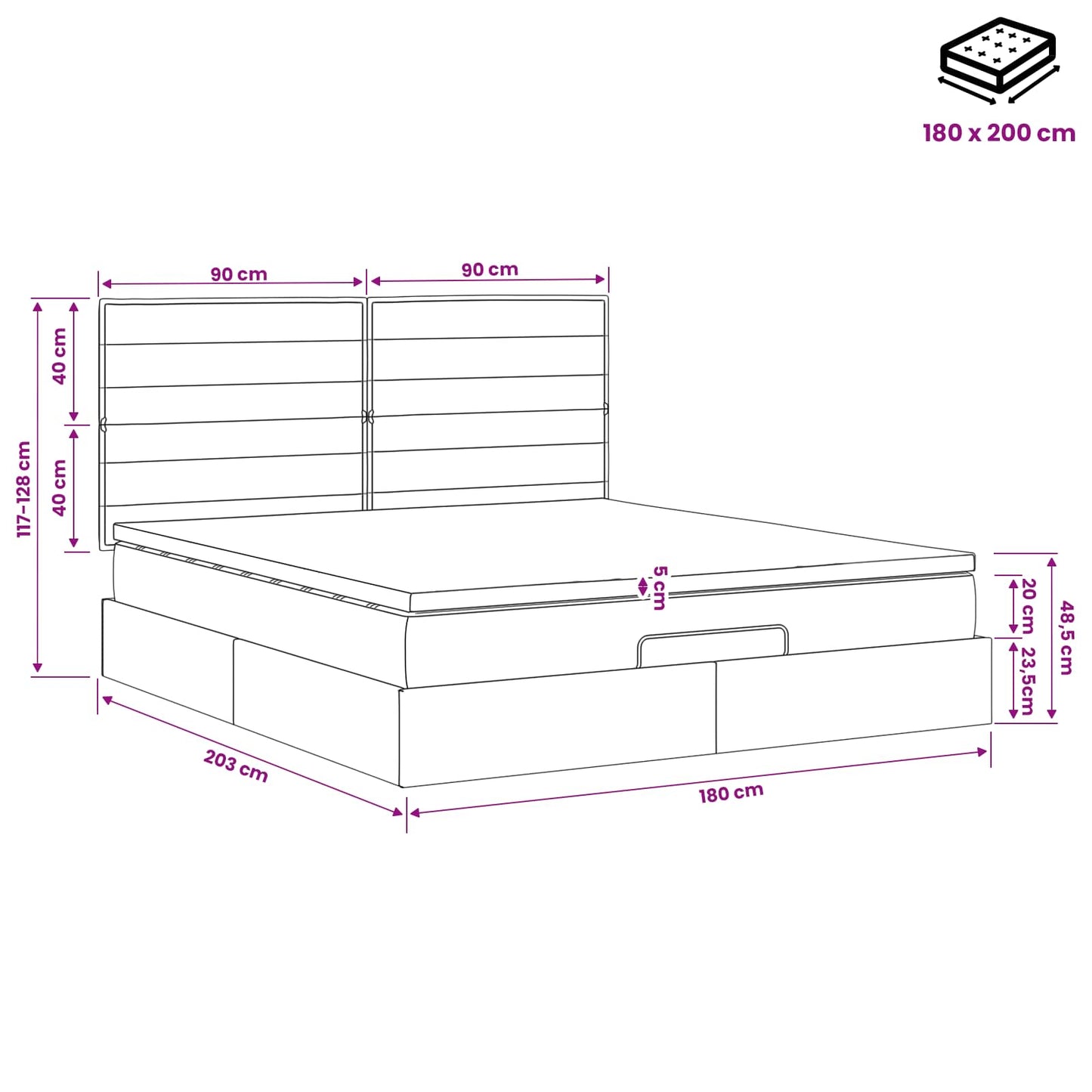Ottoman Bed met Matrassen en LED Zwart 180 x 200 cm Stof