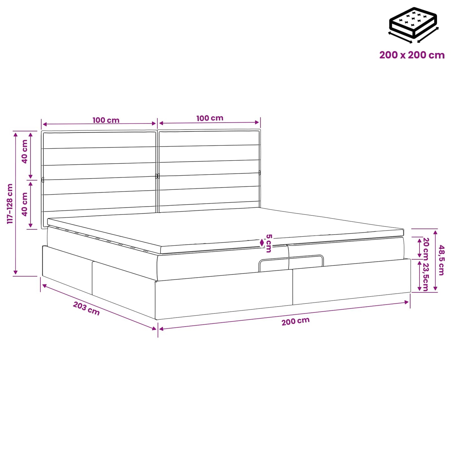 Ottoman Bed met Matrassen en LED Donkergrijs 200 x 200 cm Stof