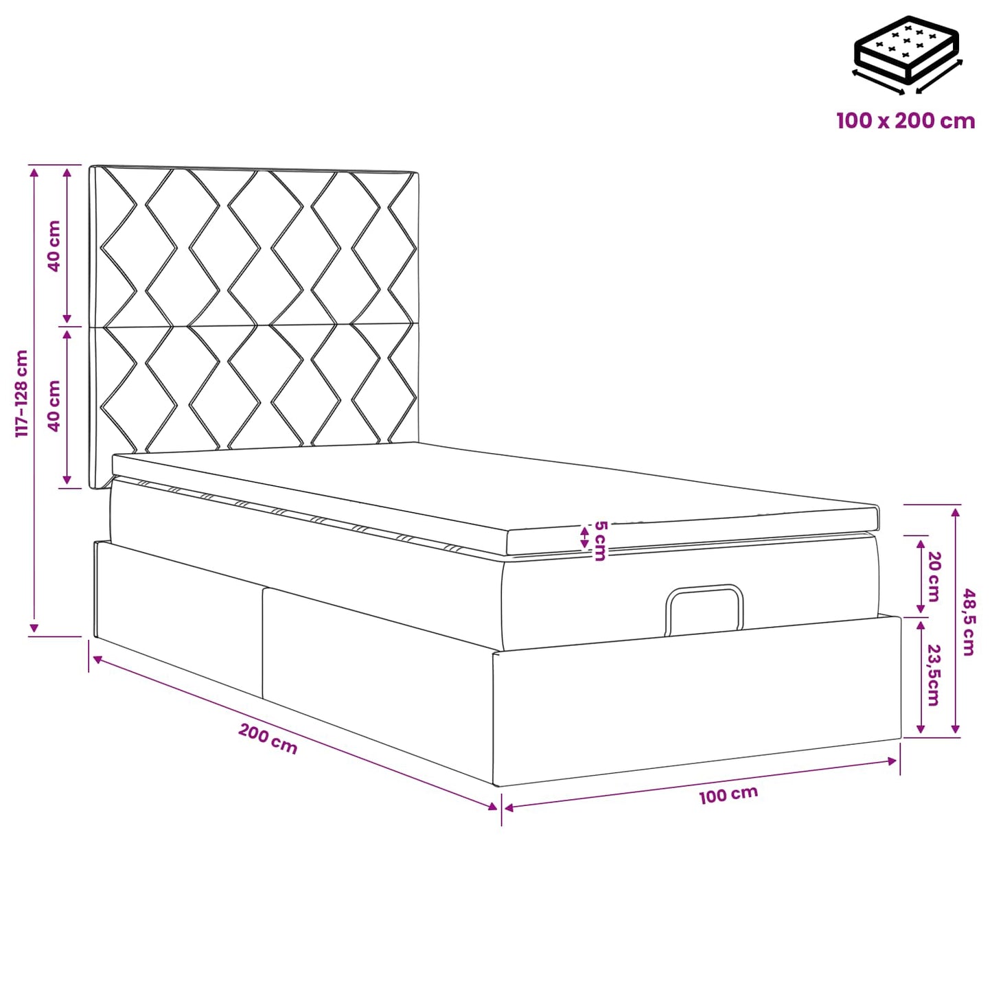 Ottoman Bed met Matrassen en LED Lichtgrijs 100 x 200 cm Stof