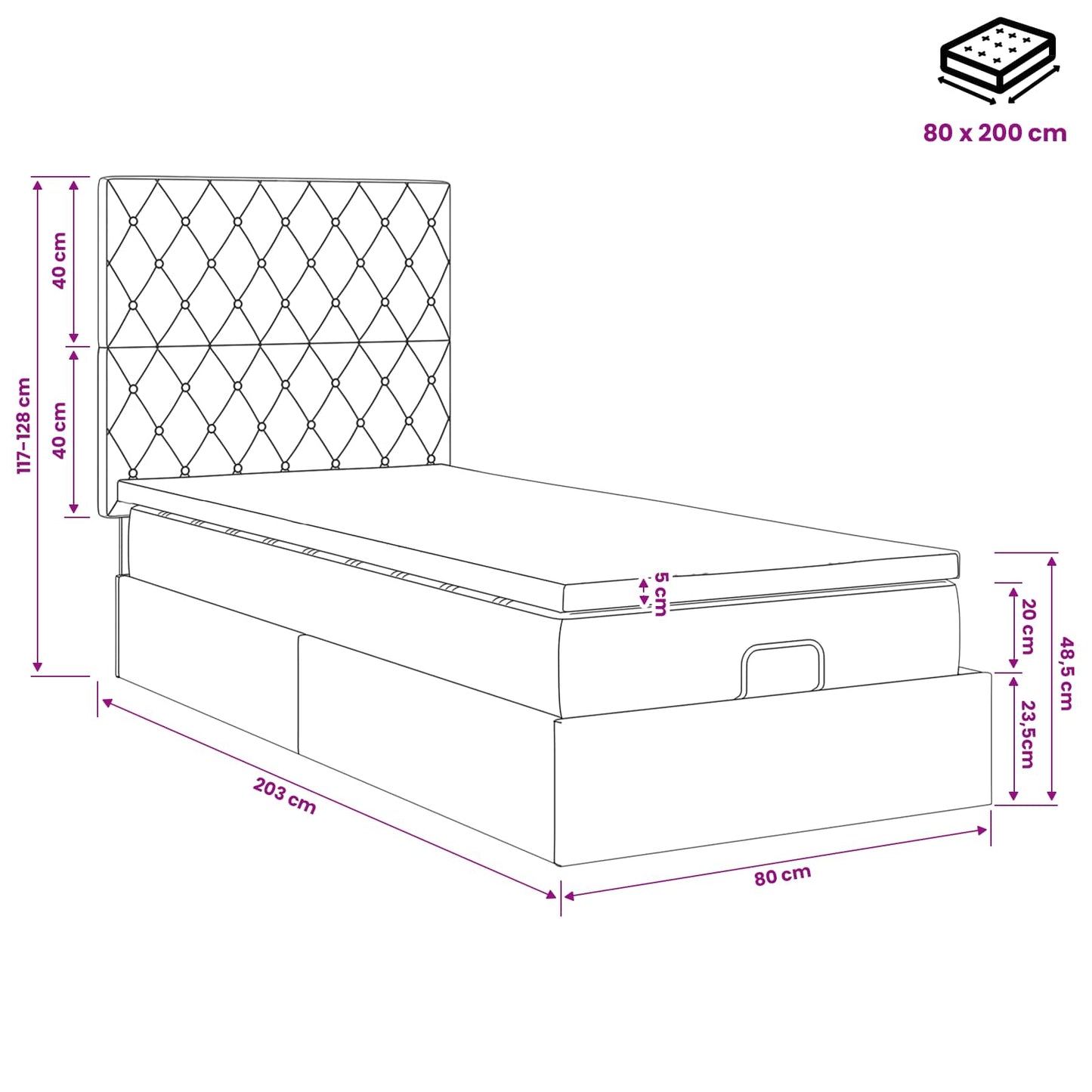 Ottoman Bed met Matrassen en LED Lichtgrijs 80 x 200 cm fluweel