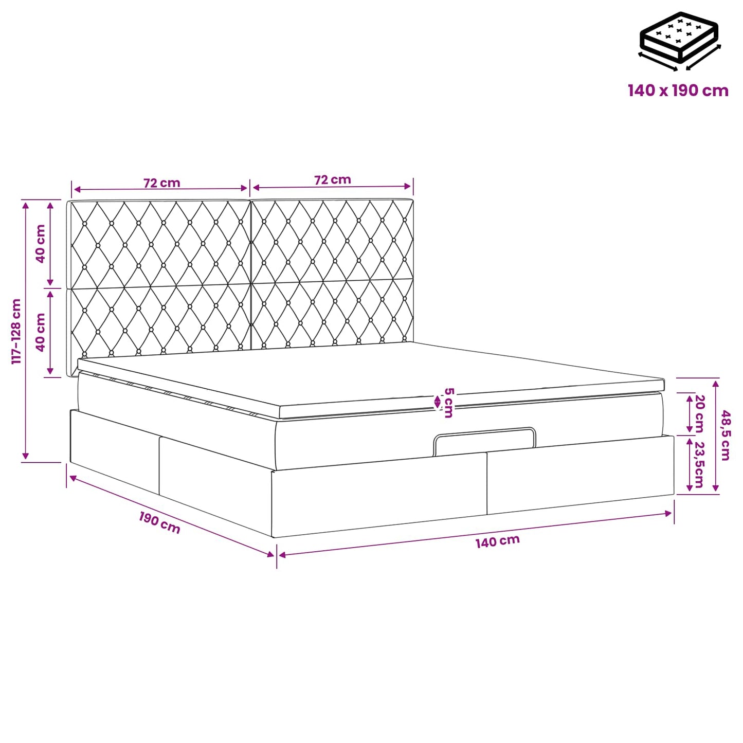 Ottoman Bed met Matrassen en LED Donkerblauw 140 x 190 cm