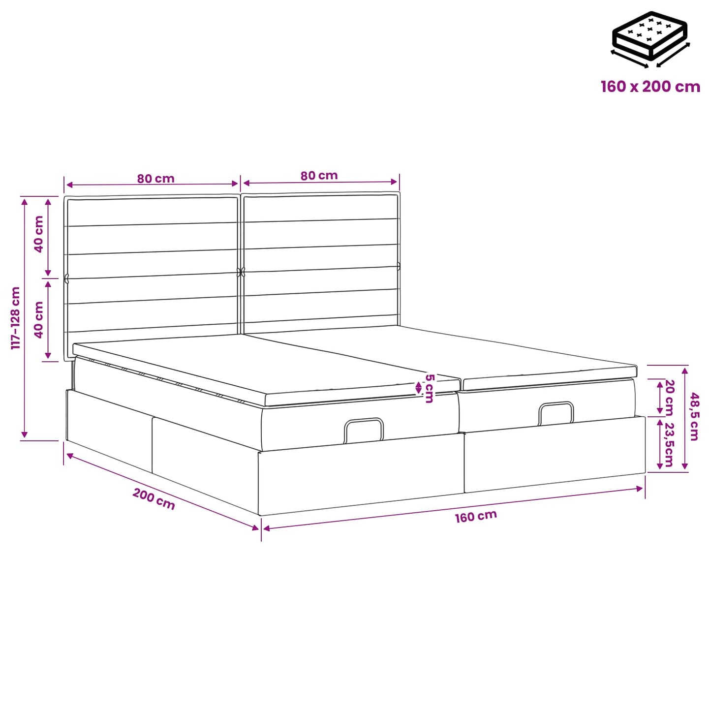 Ottoman Bed met Matrassen en LED Donkergrijs 160 x 200 cm Stof