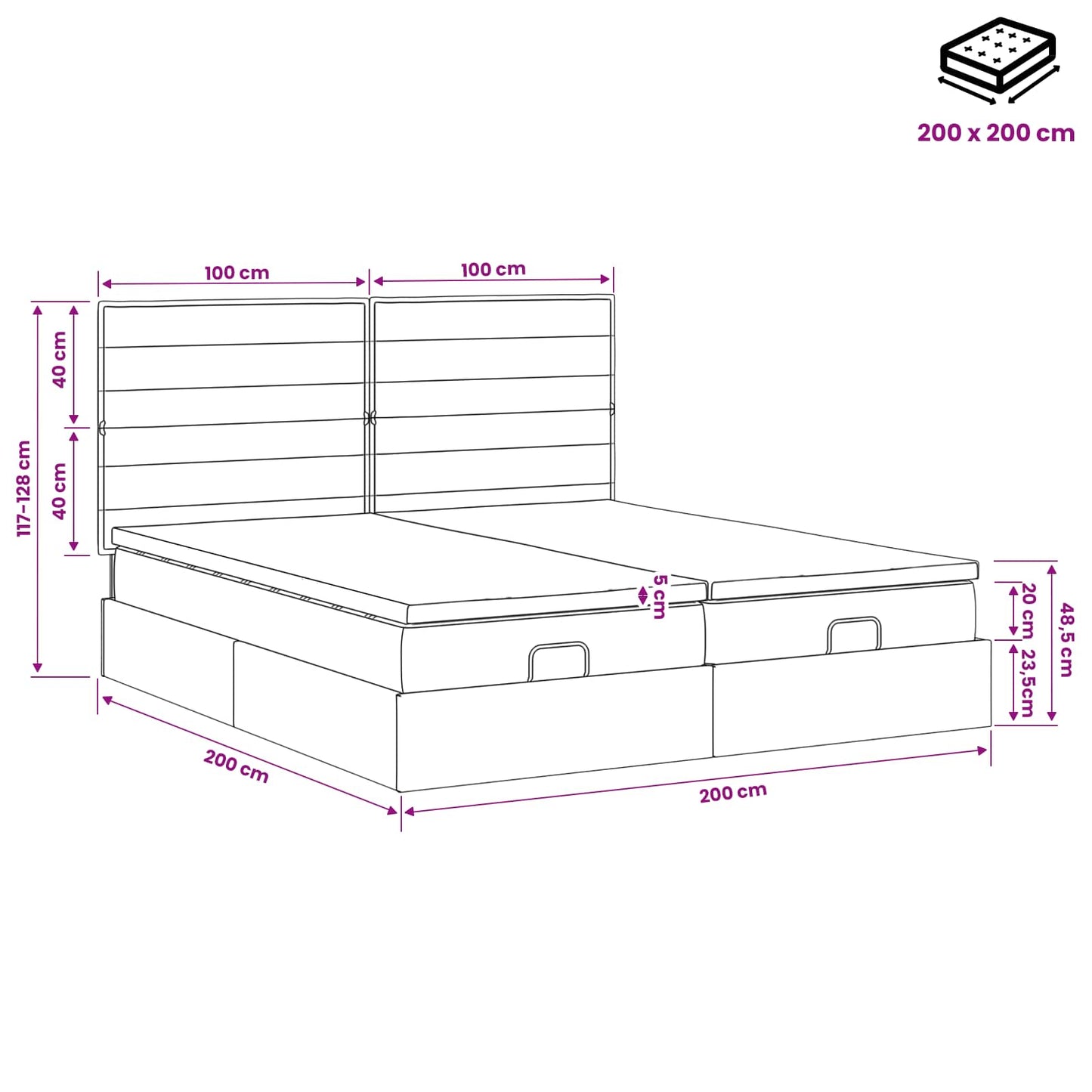 Ottoman Bed met Matrassen en LED Donkergrijs 200 x 200 cm Stof