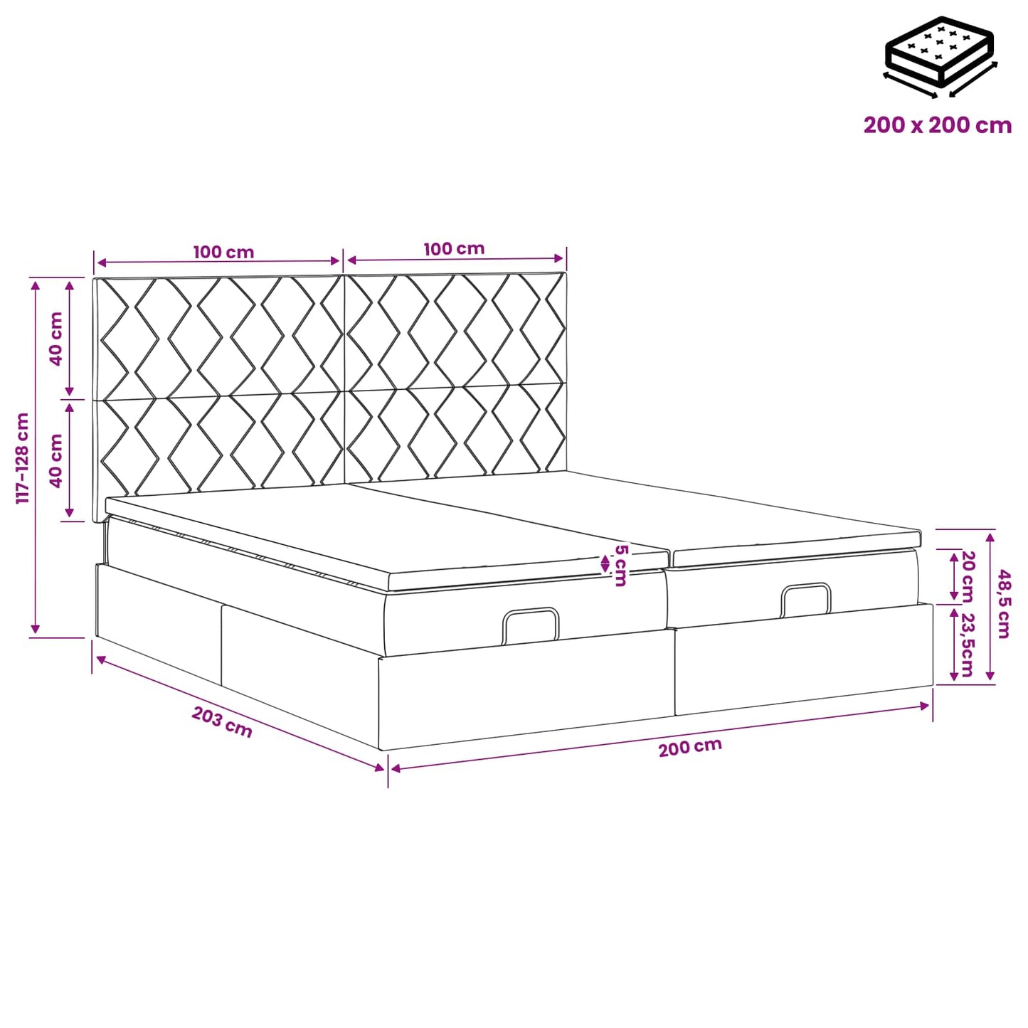 Ottoman Bed met Matrassen en LED Lichtgrijs 200 x 200 cm Stof