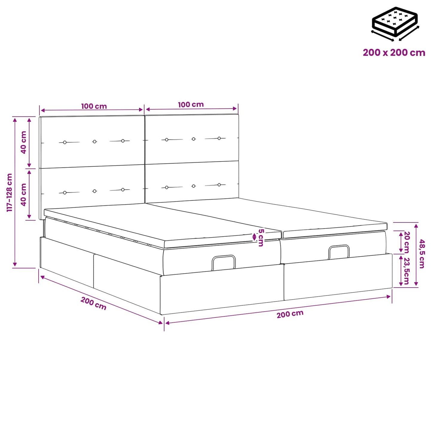 Ottoman Bed met Matrassen en LED Lichtgrijs 200 x 200 cm