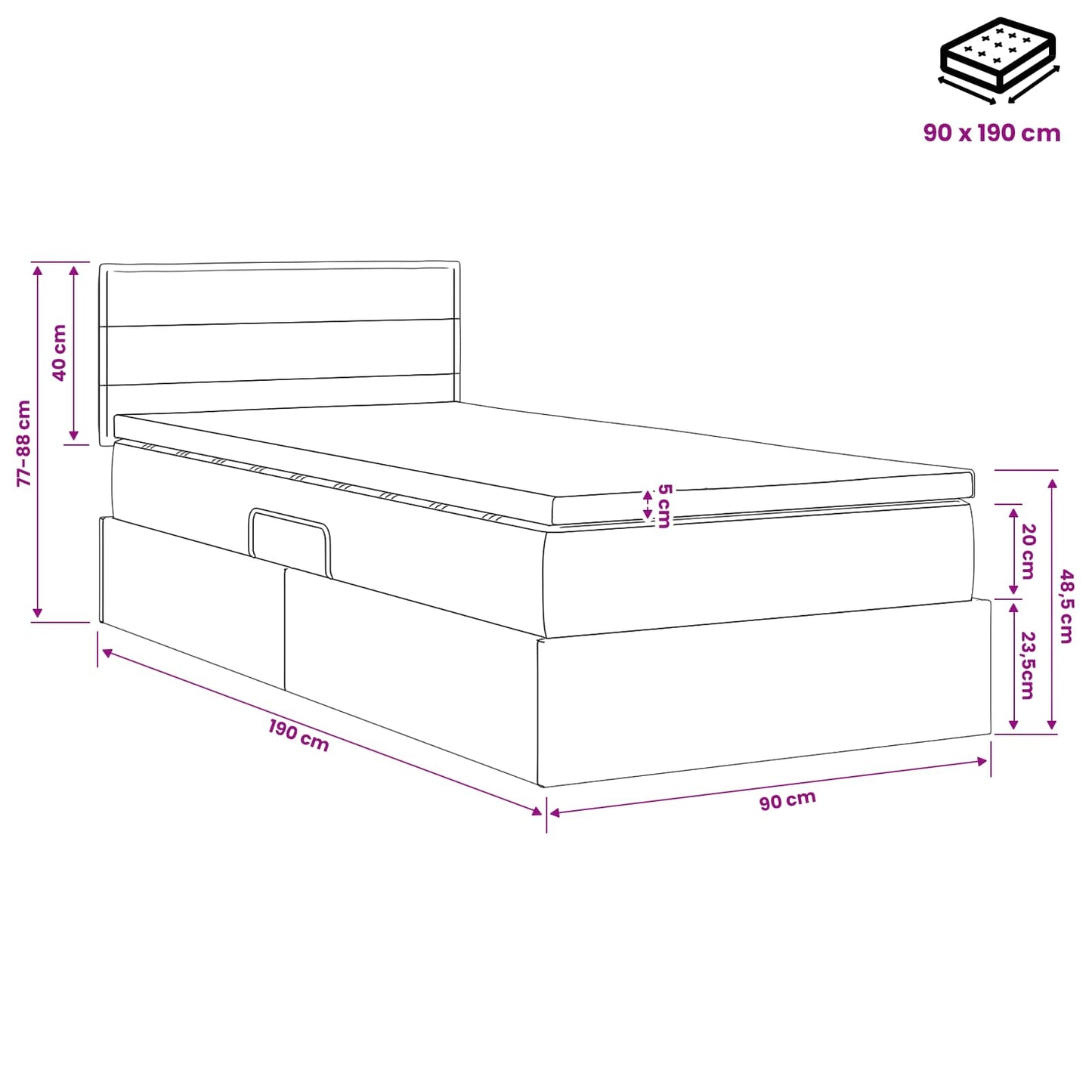 Opbergbed met matras met hoofdeinde Zwart 90 x 190 cm fluweel