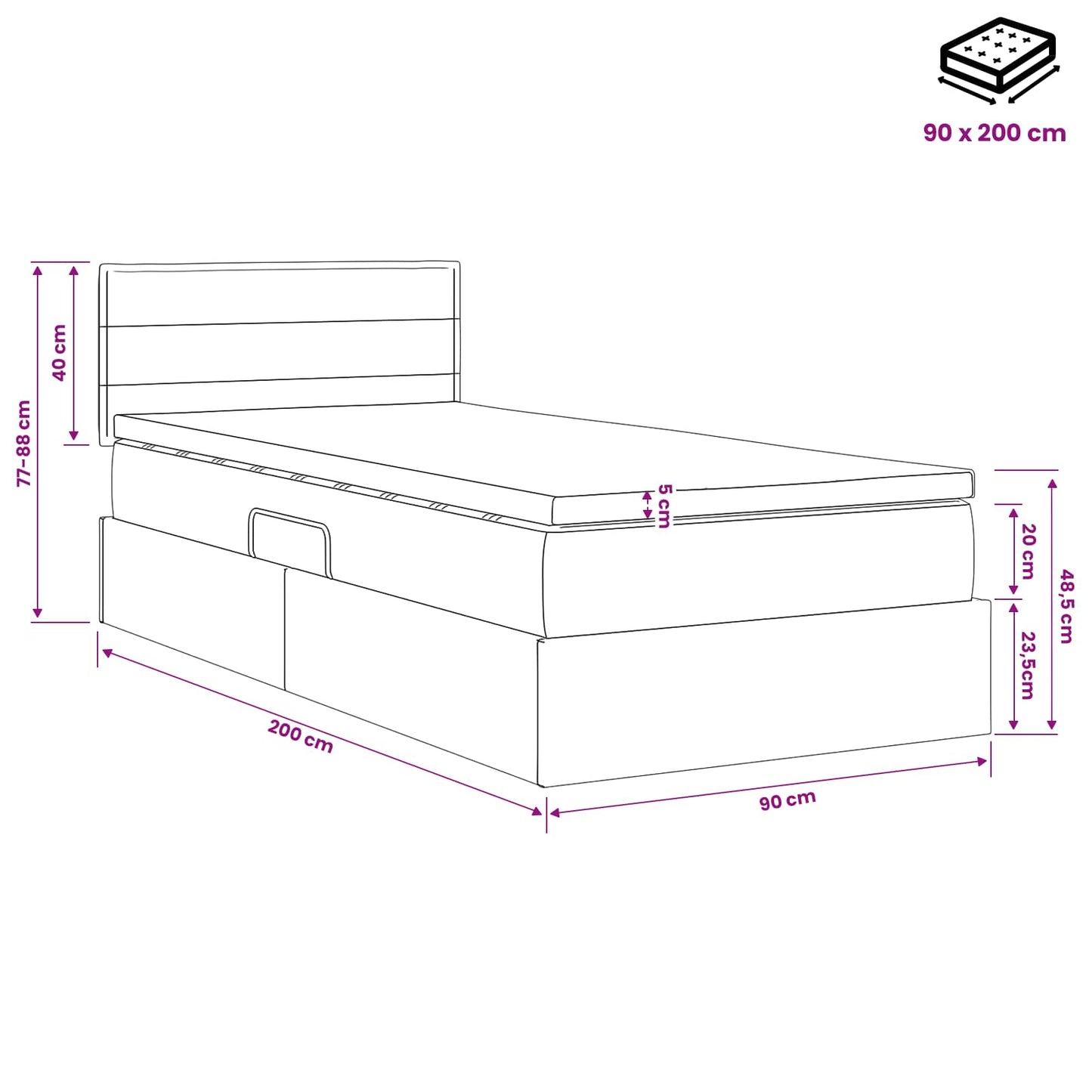 Opbergbed met matras Donkergrijs 90 x 200 cm fluweel