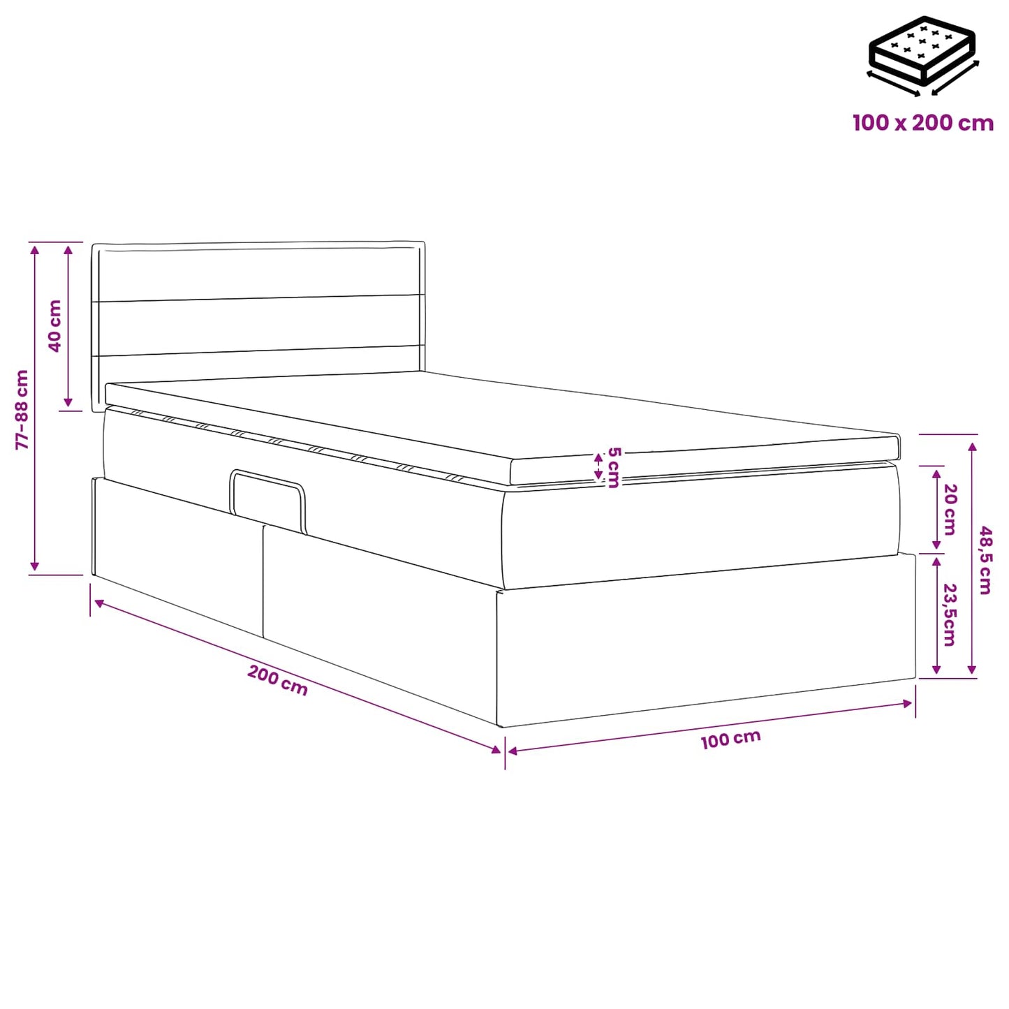 Opbergbed met matras Crèmekleurig 100 x 200 cm fluweel