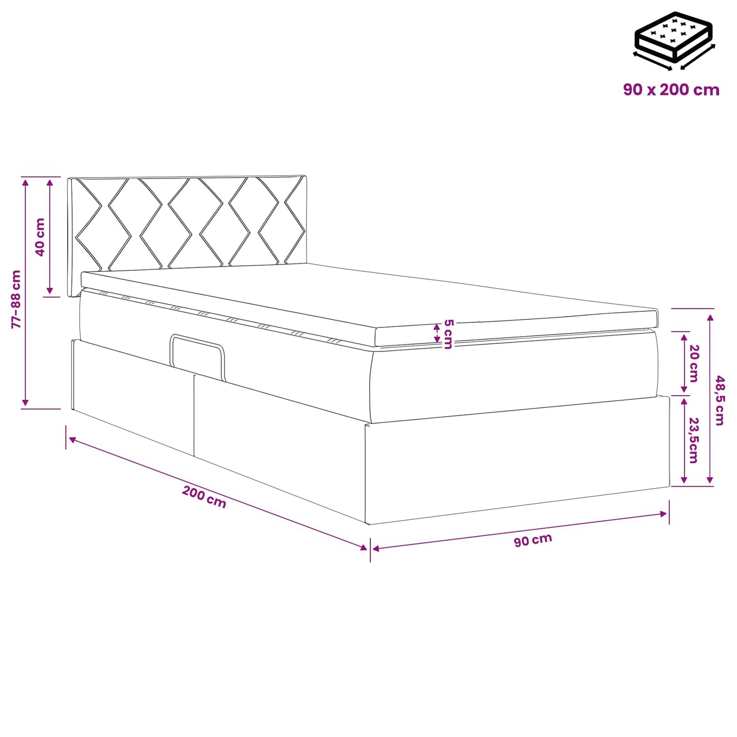 Opbergbed met matras Lichtgrijs 90 x 200 cm fluweel
