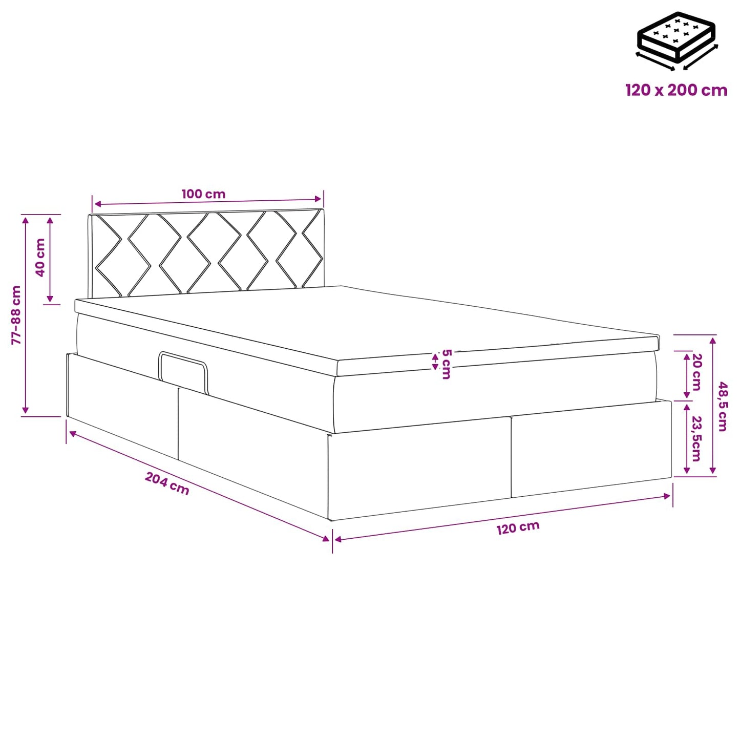 Opbergbed met matras Donkergrijs 120 x 200 cm fluweel