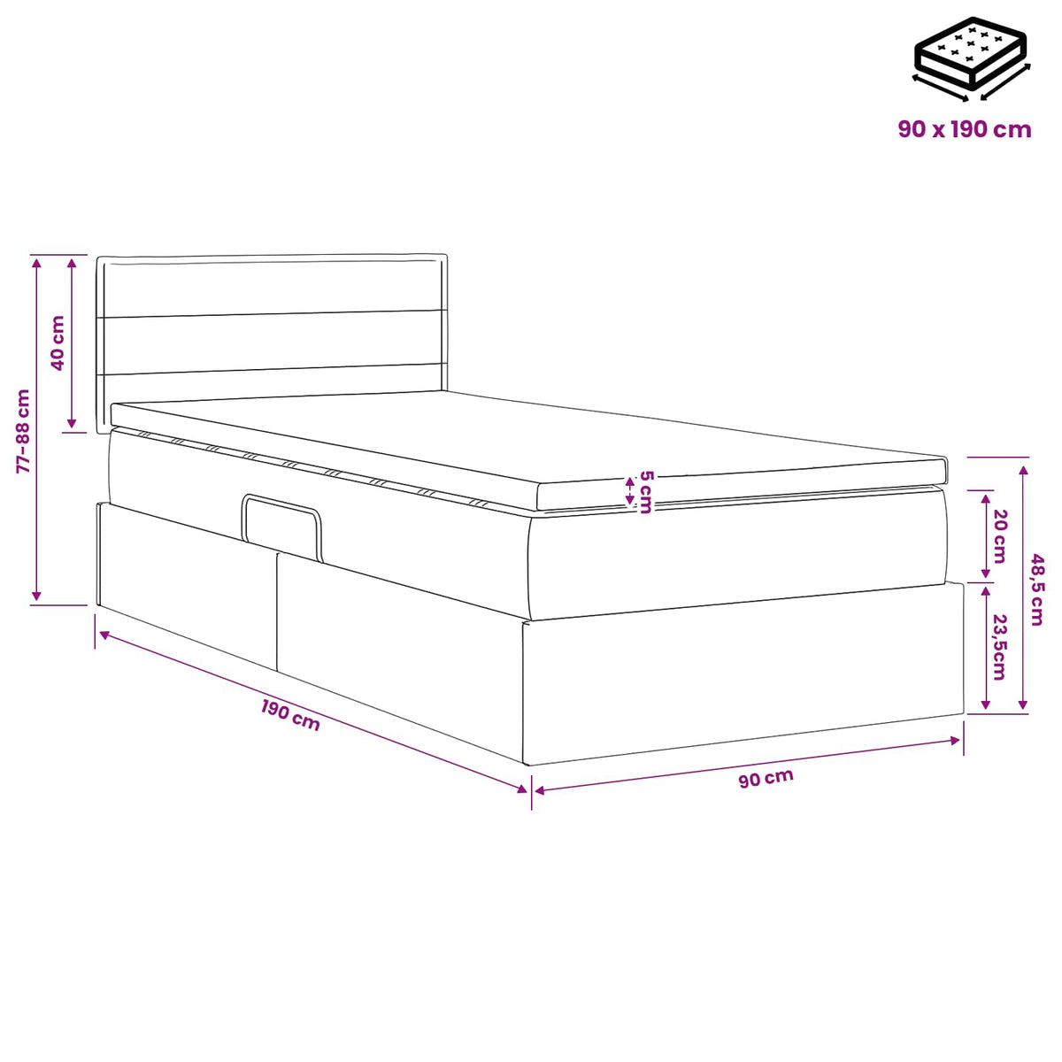 LED Opslagbed met Matras Zwart 90 x 190 cm Stof