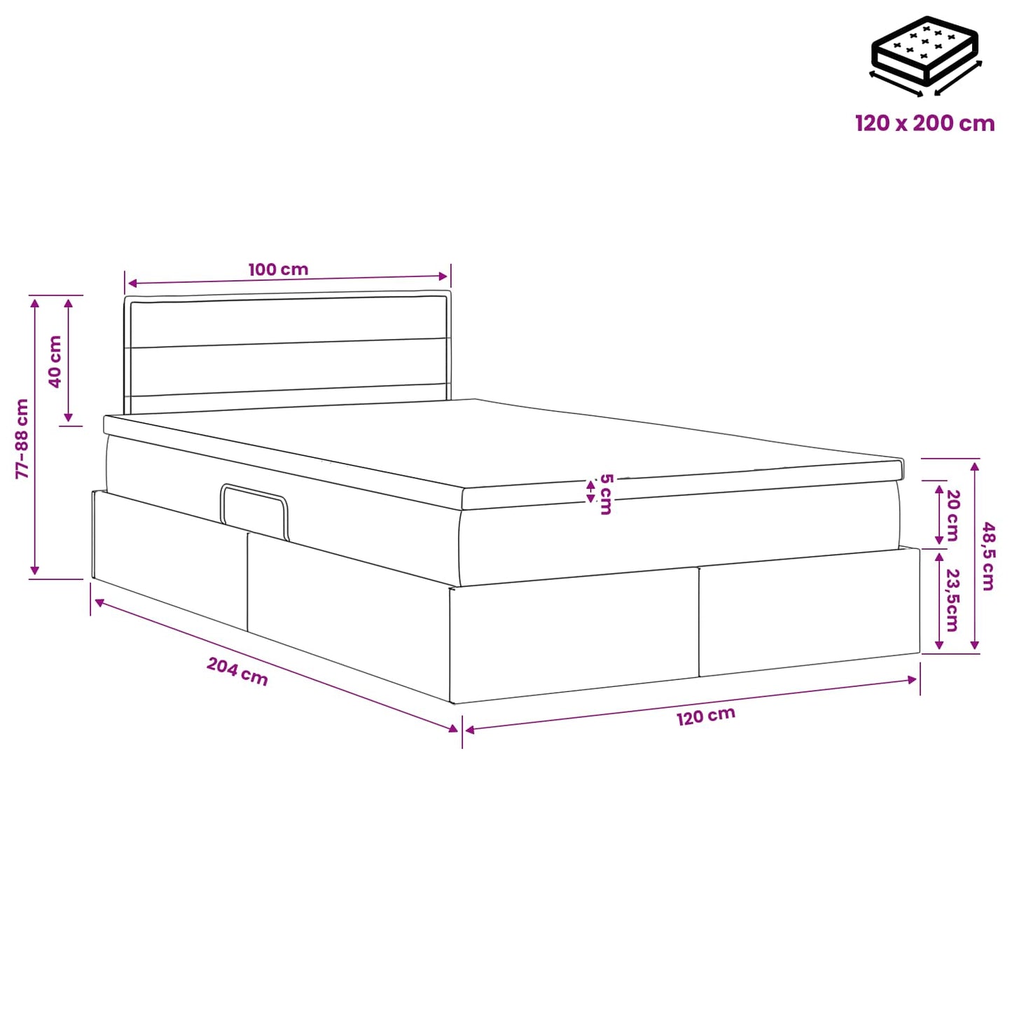 LED Opslagbed met Matras Zwart 120 x 200 cm Stof