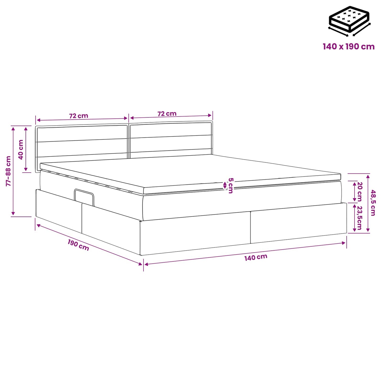 LED Opslagbed met Matras Zwart 140 x 190 cm Stof