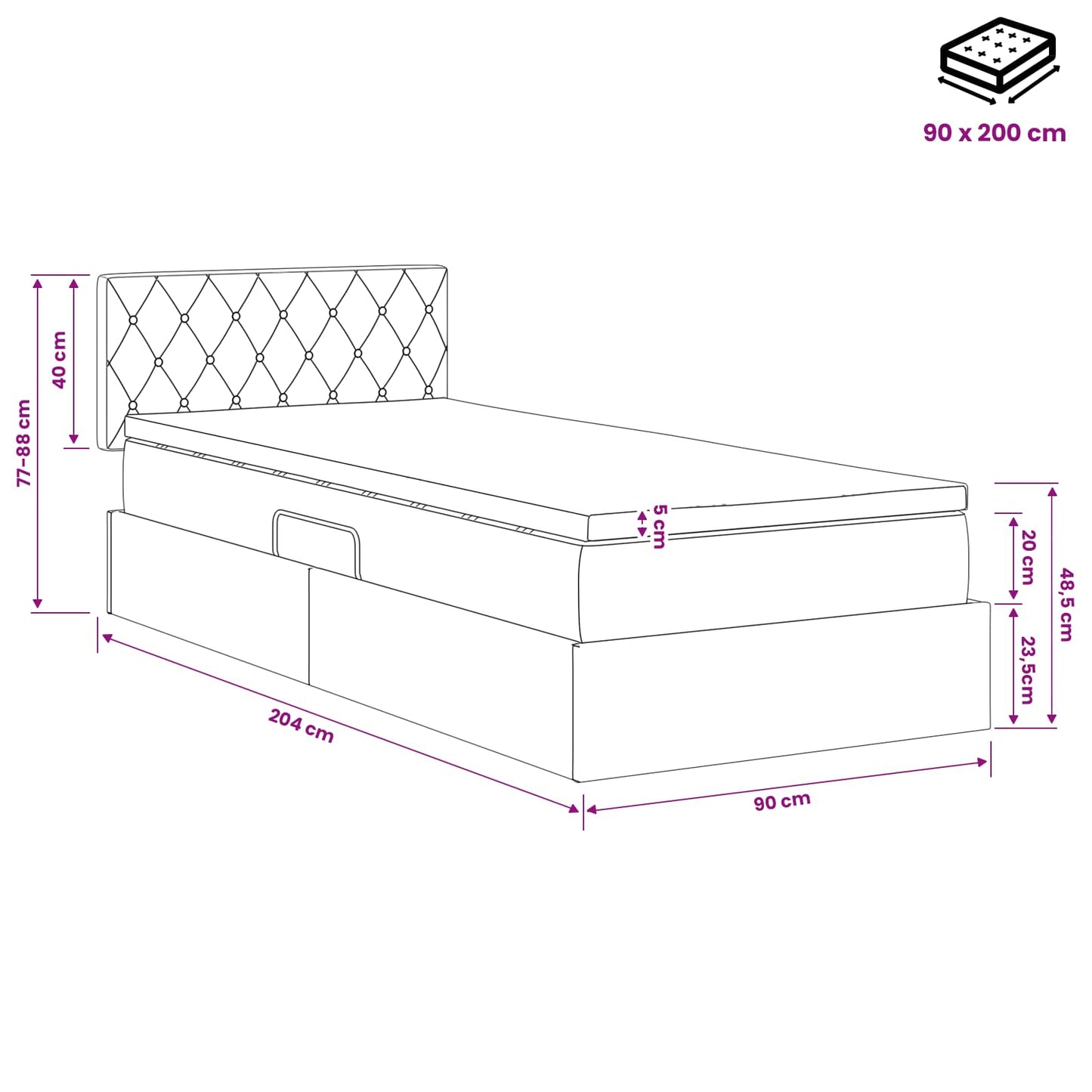 LED Opslagbed met Matras Donkergrijs 90 x 200 cm Fluweel