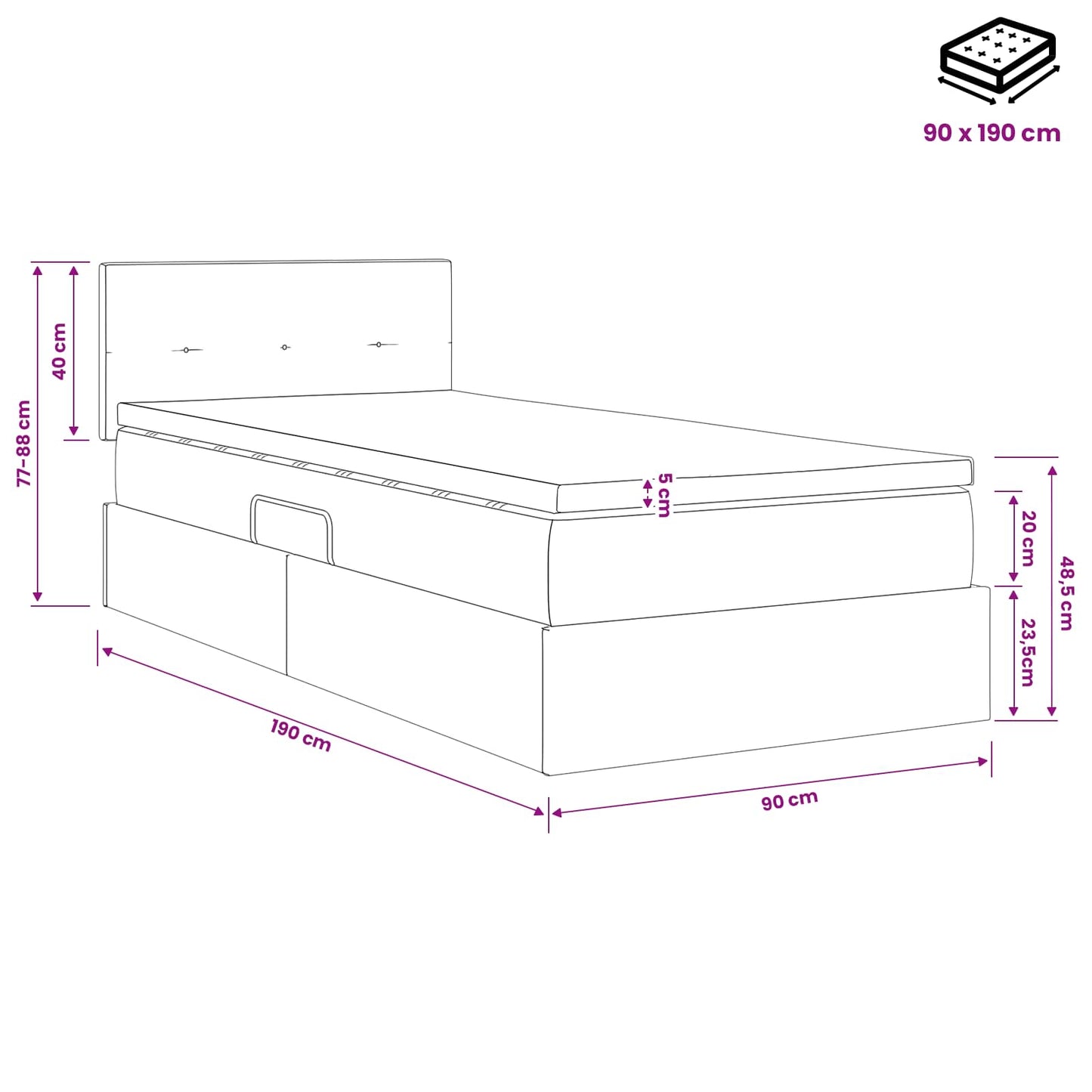 LED Opslagbed met Matras Donkergrijs 90 x 190 cm Fluweel