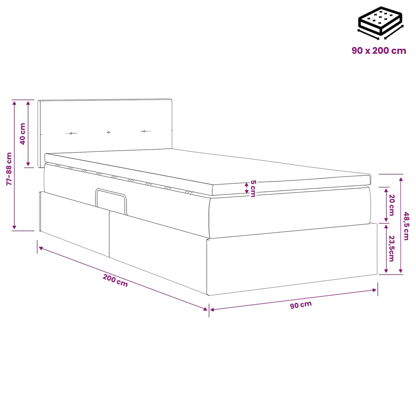 LED Opslagbed met Matras Donkerblauw 90 x 200 cm Fluweel
