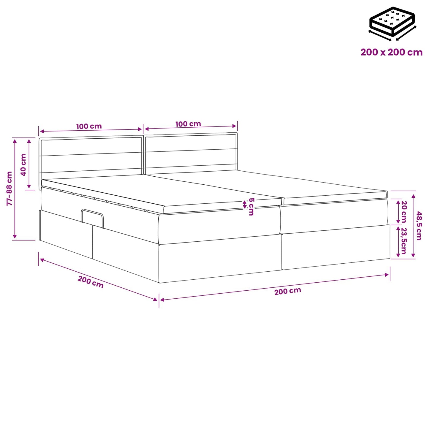 LED Opslagbed met Matras Donkergrijs 200 x 200 cm Stof