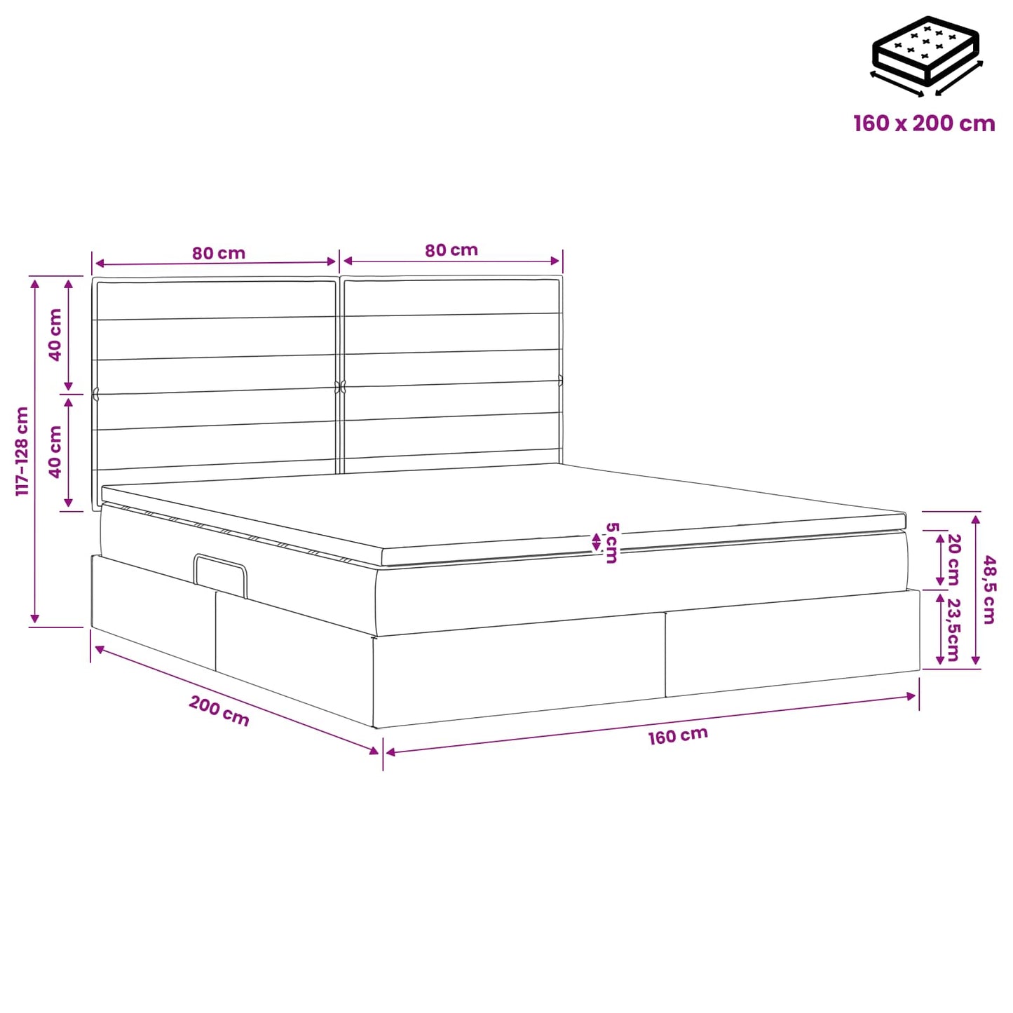 Opslag bed met matras met hoofdeinde Zwart 160 x 200 cm Stof