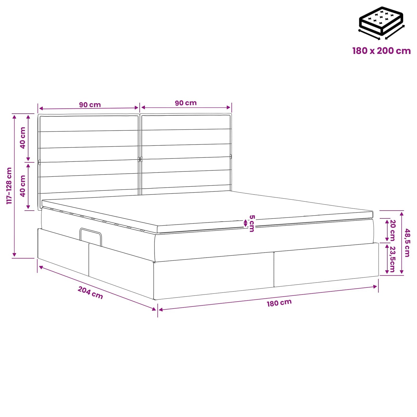 Opslag bed met matras met hoofdeinde Zwart 180 x 200 cm Stof