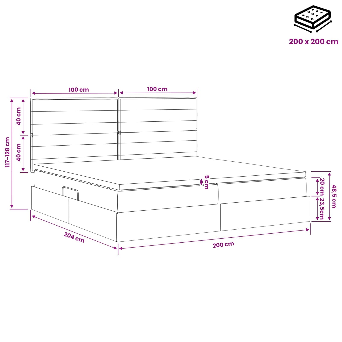 Opslag bed met matras met opslag Lichtgrijs 200 x 200 cm Stof