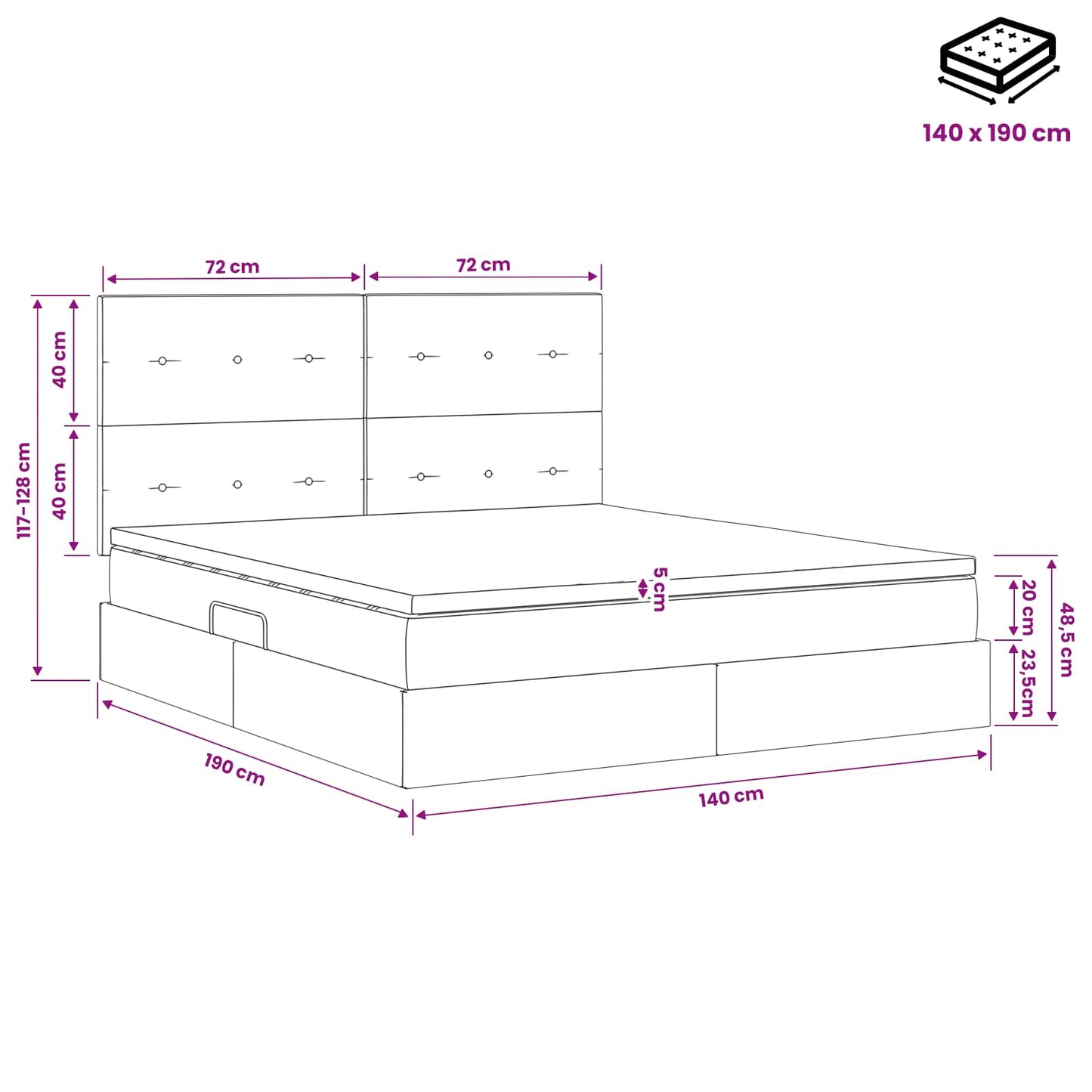 Opslag bed met matras met hoofdeinde Zwart 140 x 190 cm Stof