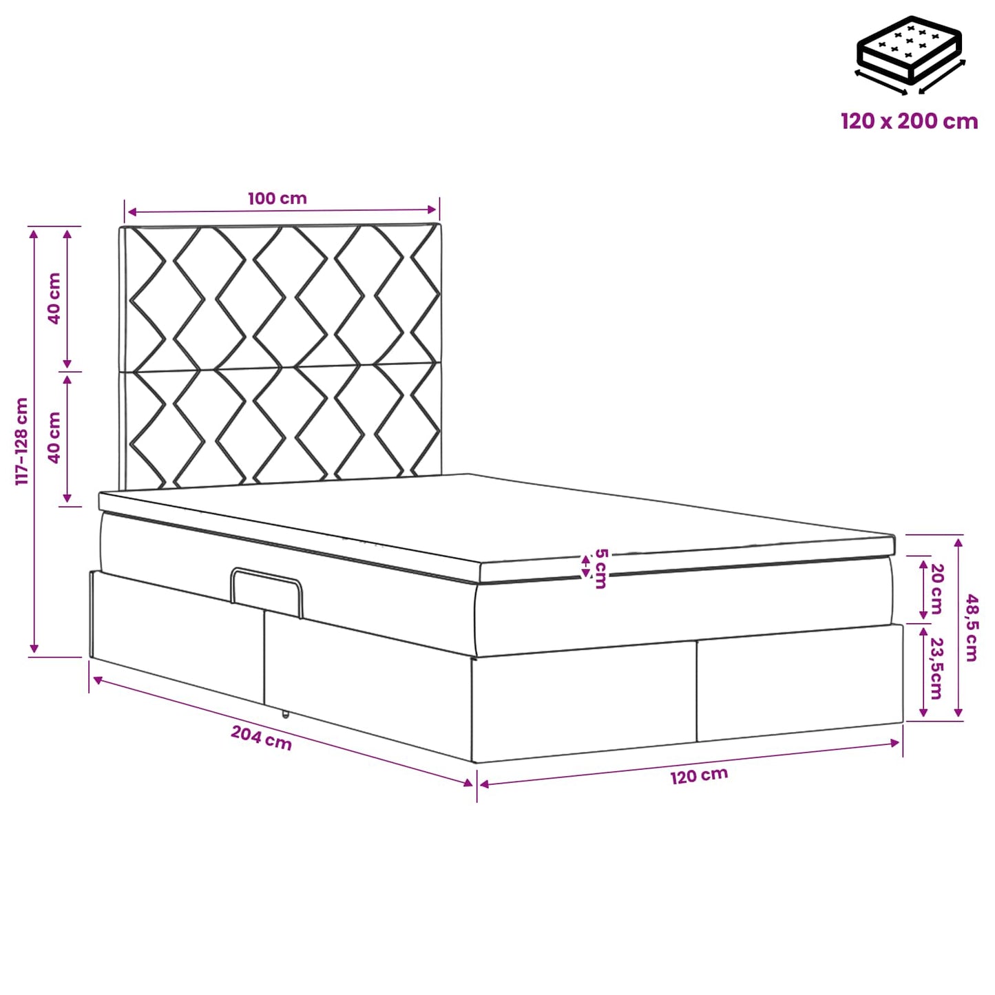 Opslag bed met matras met hoofdeinde Zwart 120 x 200 cm Stof