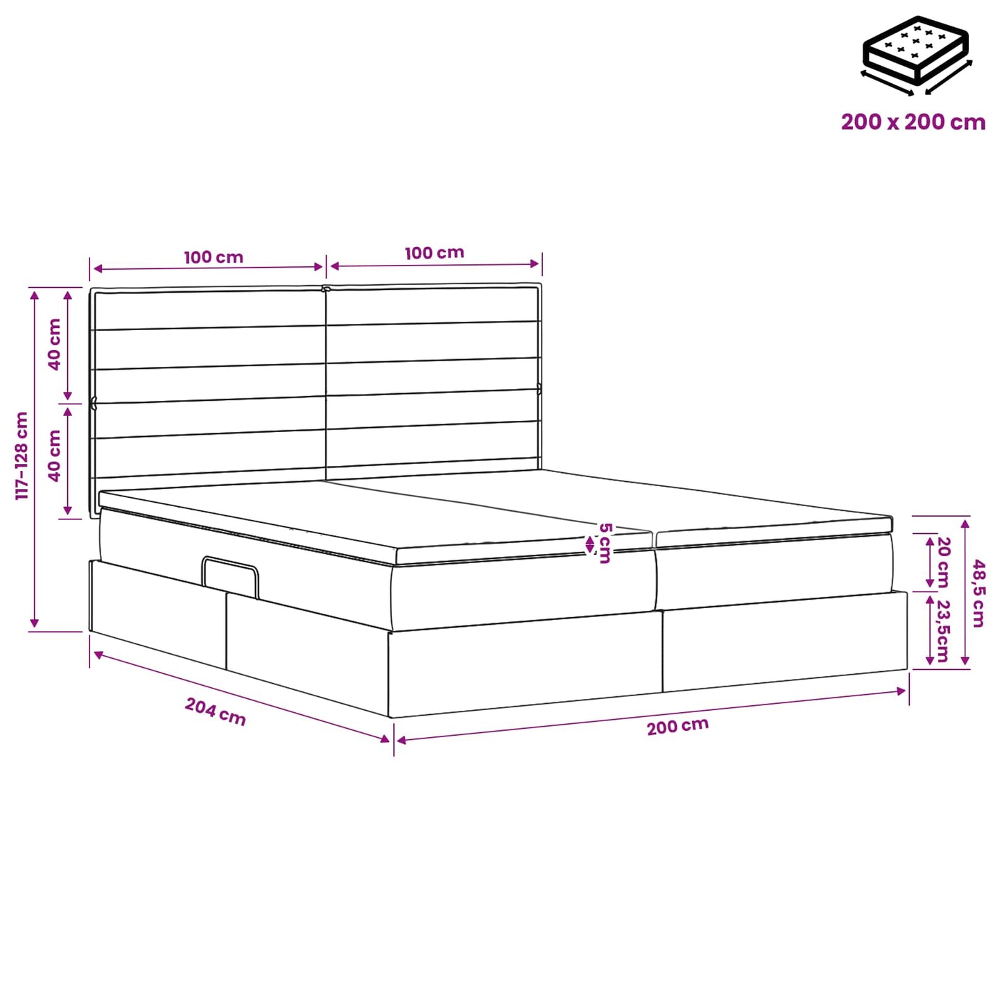 LED Opslagbed met Matras Donkergrijs 200 x 200 cm Stof