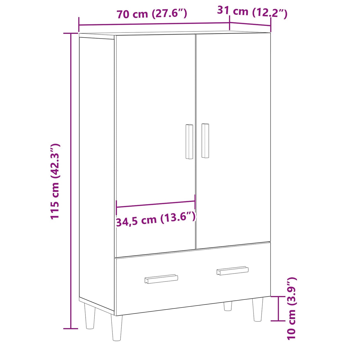 Highboard In Zwart Eiken, 70X31X115 Cm, Gemaakt Van Bewerkt Hout