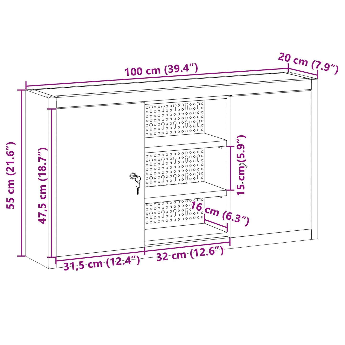 Gereedschapskast Wandbevestiging Met Pegboard 100X20X55 Cm Staal 100 cm Rood en Grijs Wandkast met pegboard