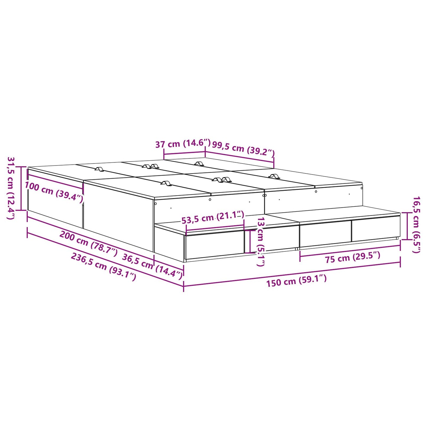 Opbergbedframe Artisan Eiken Bewerkt Hout 236,5 X 150 X 31,5 Cm Artisanaal Eiken