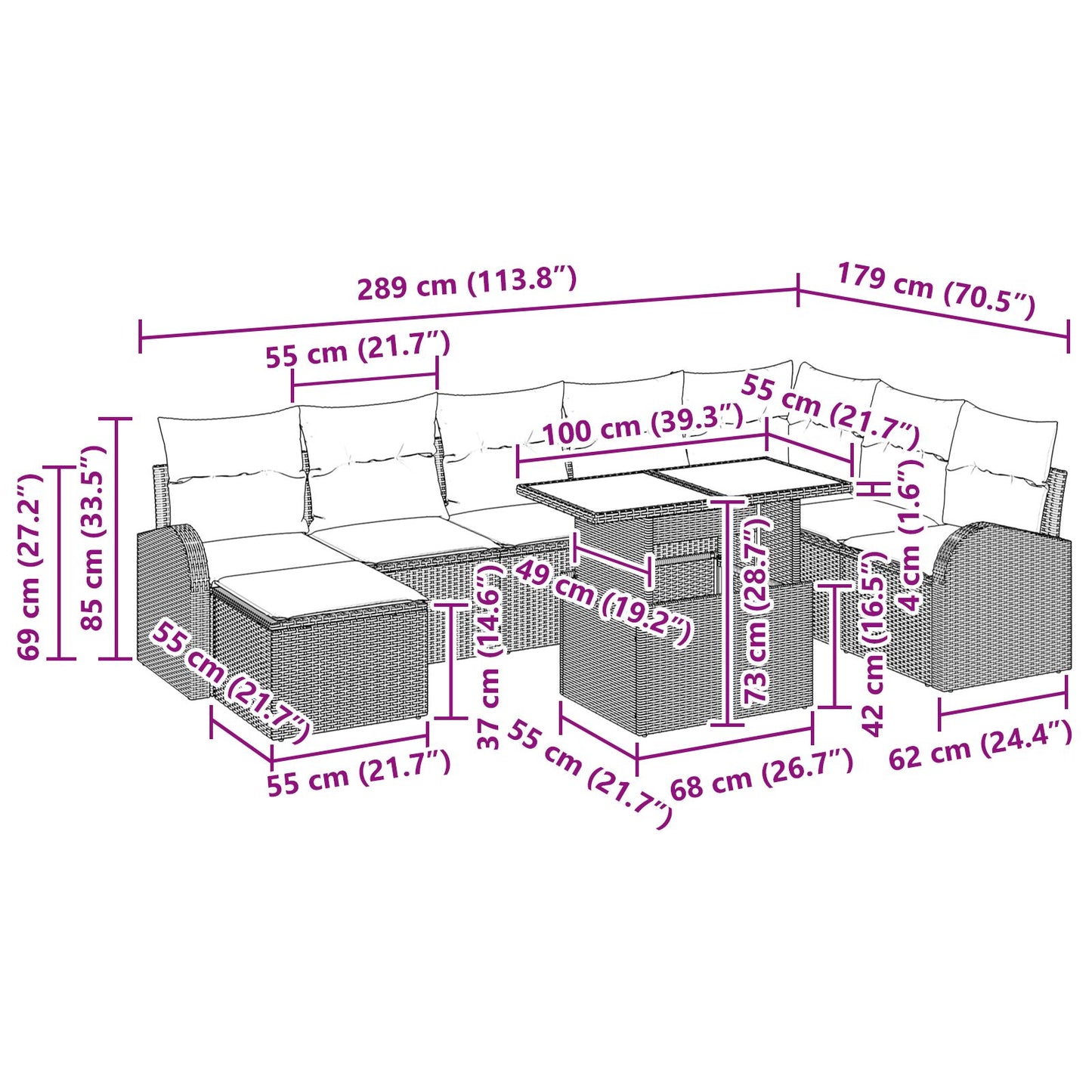 9-Persoons Tuin Sofa Set Met Kussens Grijs Poly Rattan