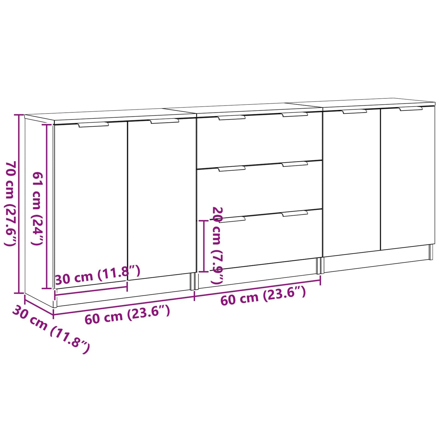 3-Delige Sideboards Engineered Wood Zwart eiken