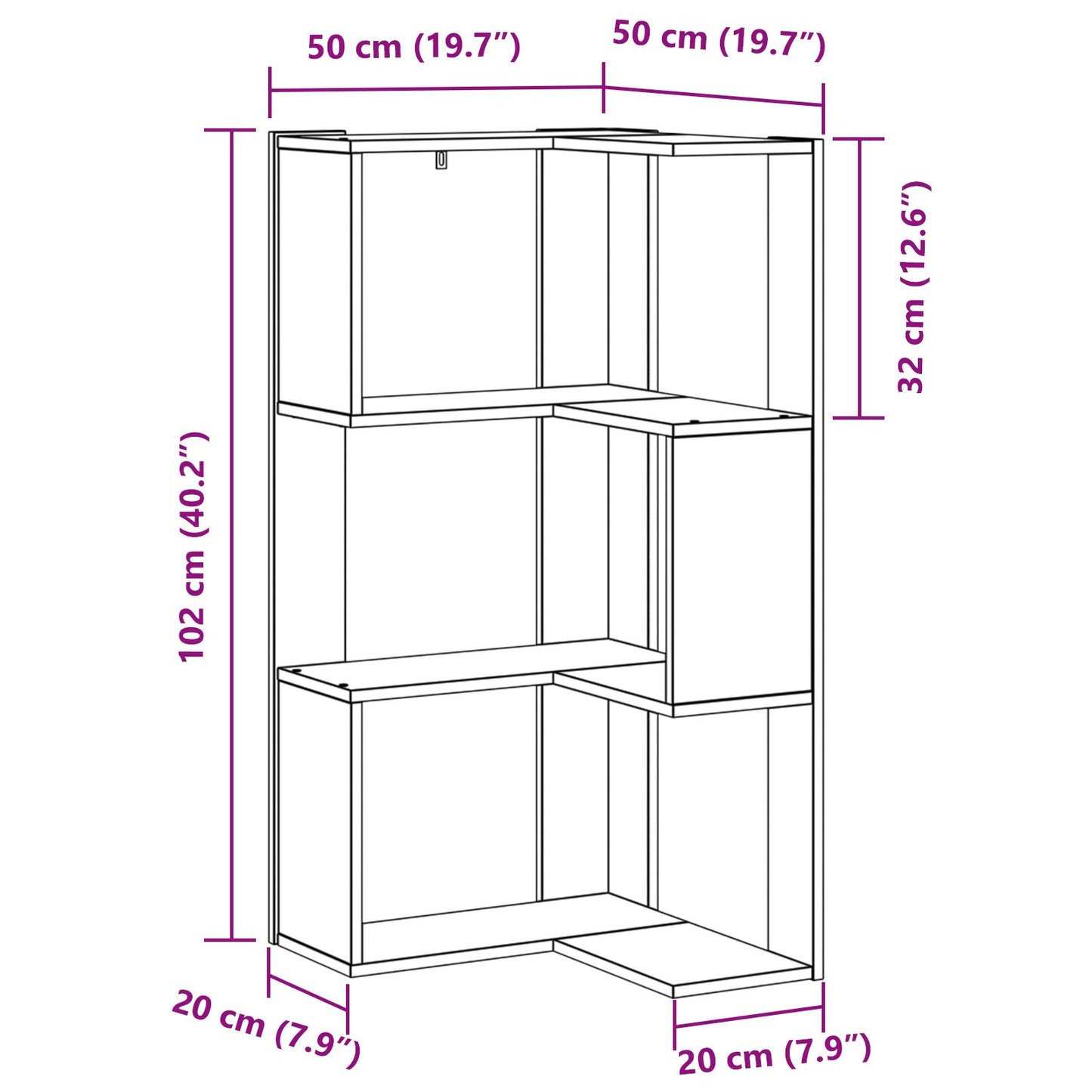 Hoekboekenkast 3-Tier 50X50X102 Cm Houtcomposiet Zwart eiken