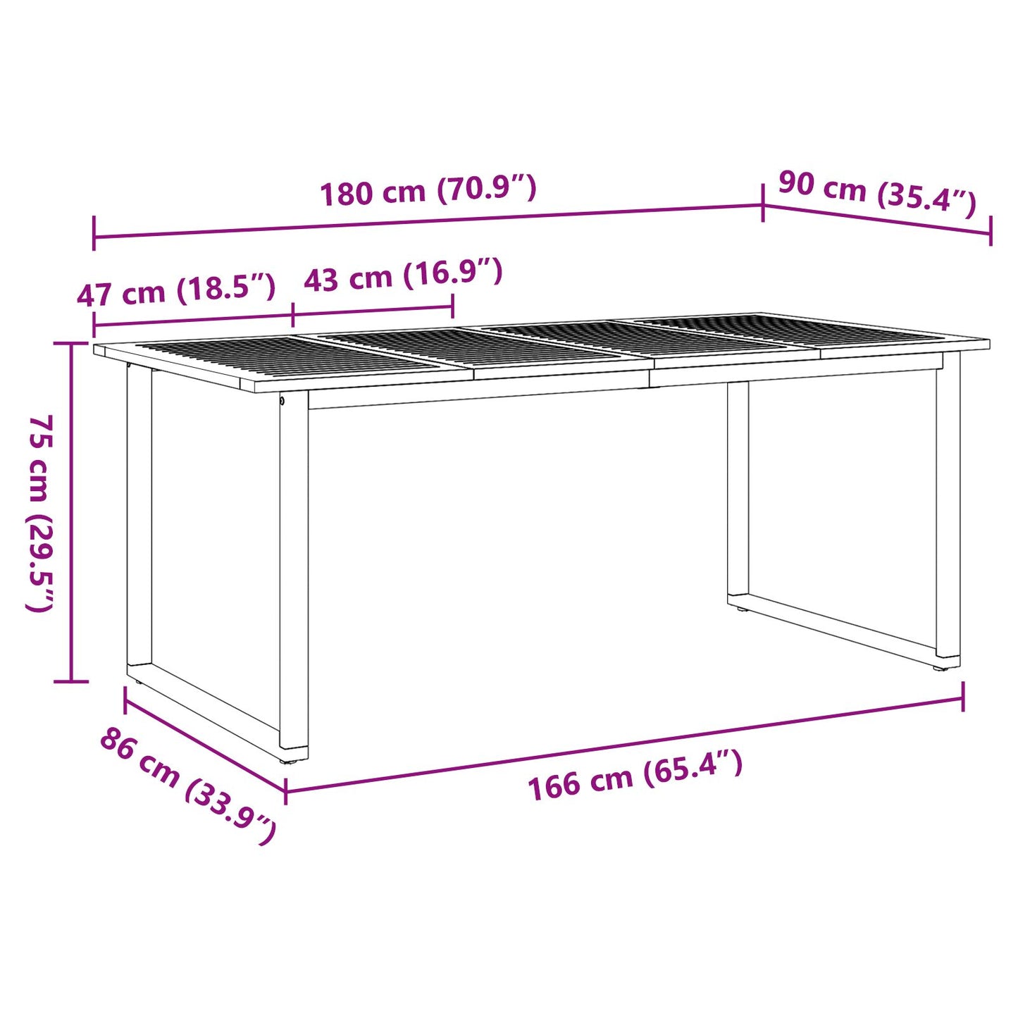 Tuin Eettafel Staal En Massief Acaciahout 180 x 90 x 75 cm Overhangend ontwerp