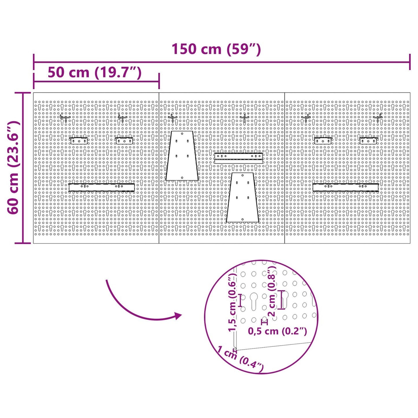 Pegboards - 3-Pack Met 15 Accessoires, Grijs, 150X, Staal 60 cm