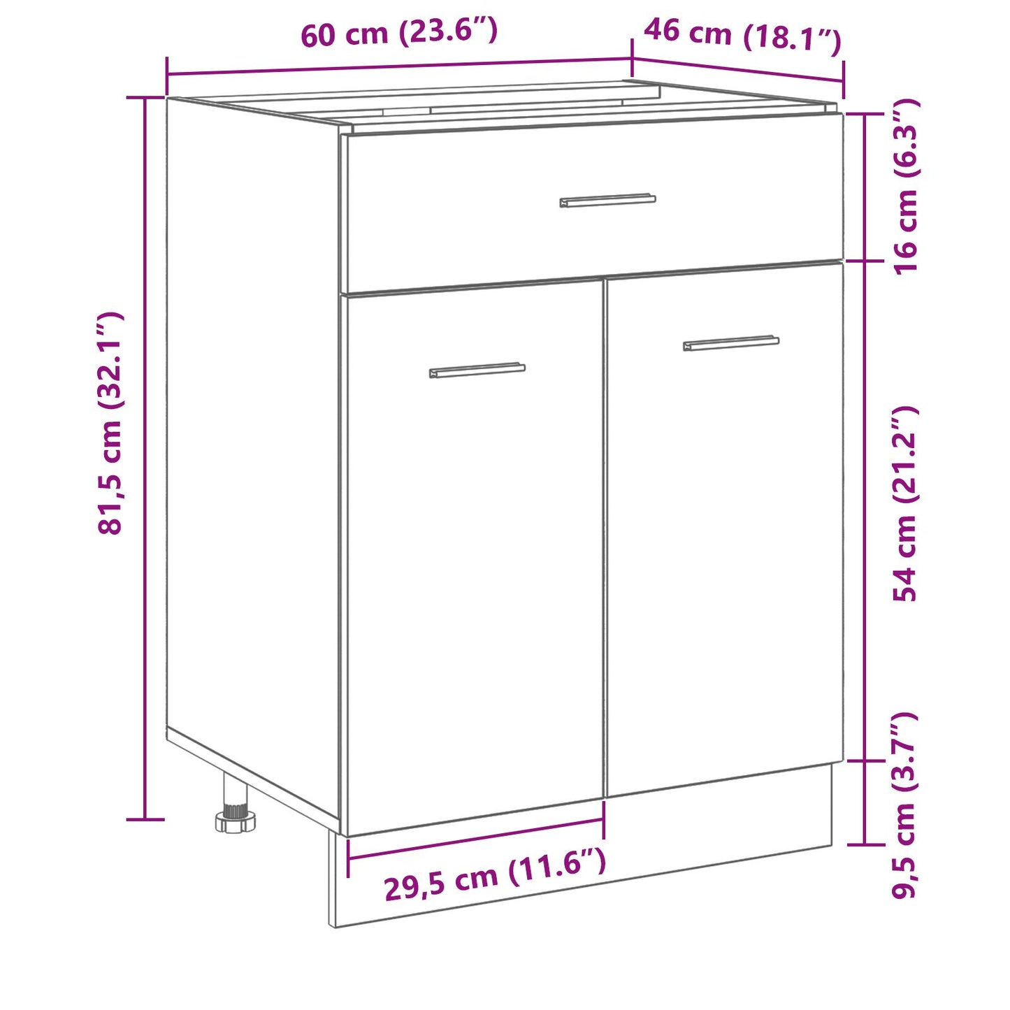 Zwarte Eiken Lades Onderkast - 60X46X81.5 Cm Gemaakt Van Bewerkt Hout