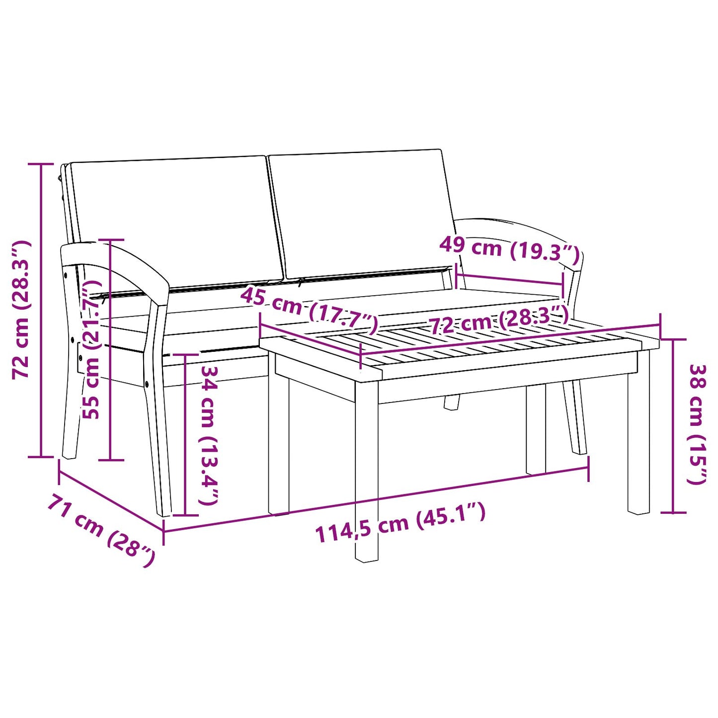 2-Delige Bistroset Met Kussens Van Massief Acaciahout Anthraciet Tafel + bank