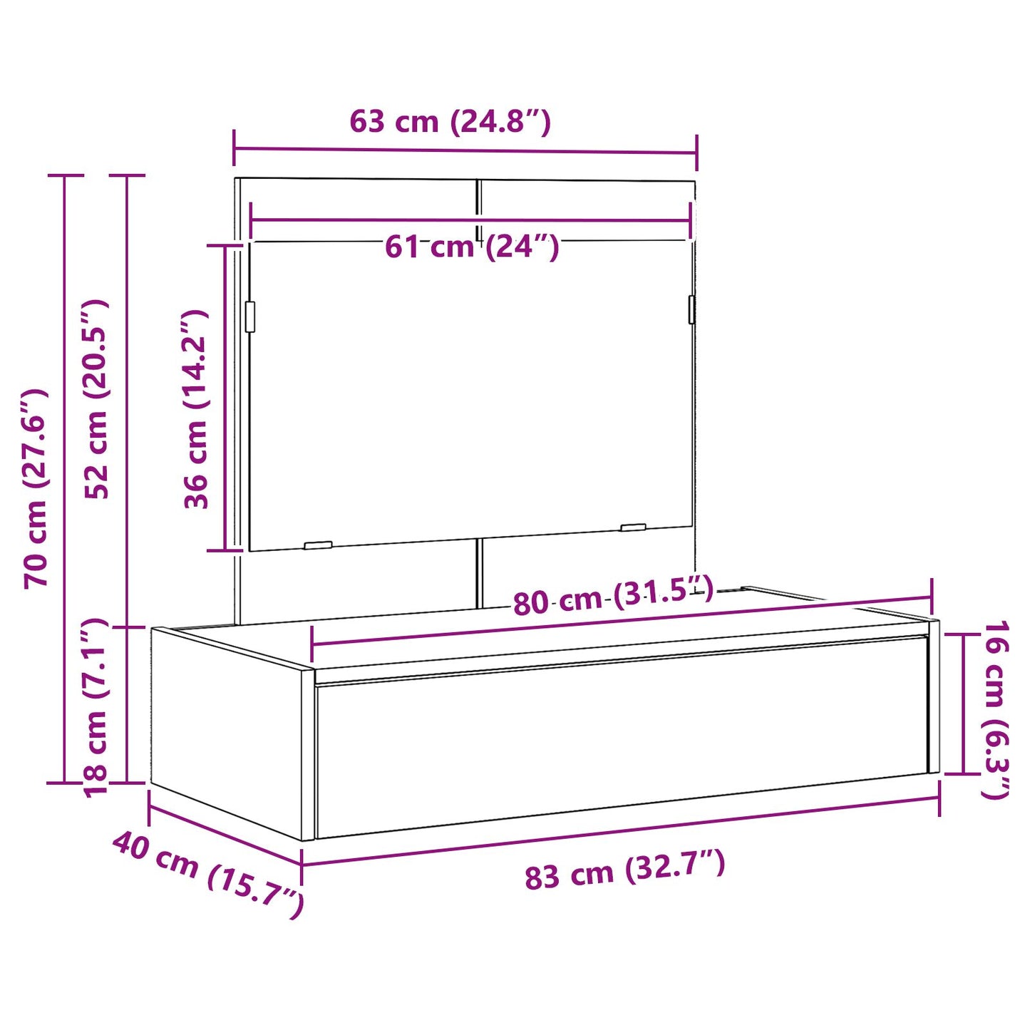 Wandkaptafel 83 x 40 x 70 cm Betonnen Grijs zonder LED