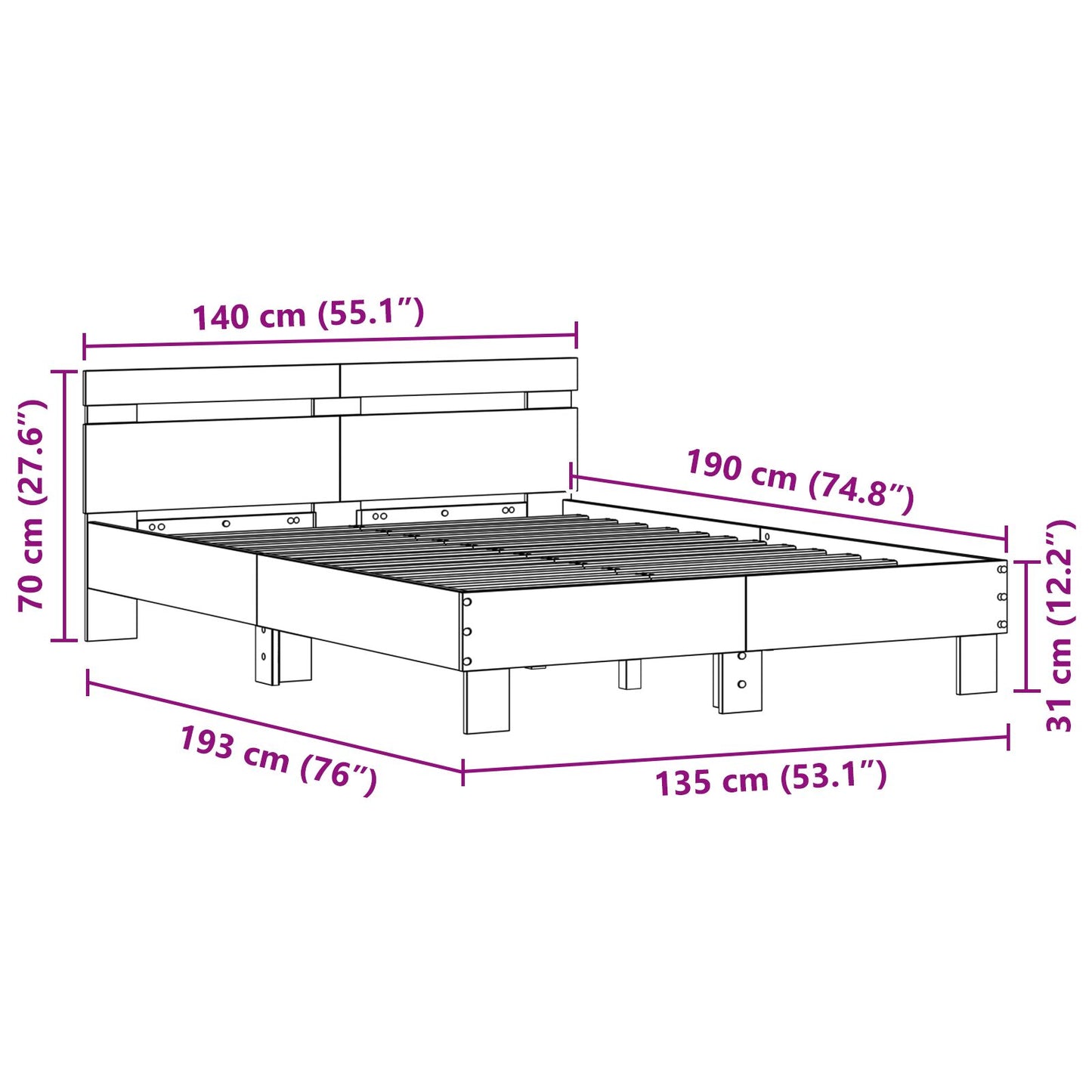 Eiken Bedframe Massief Eikenhout Ambachtelijk Eiken 135 x 190 cm