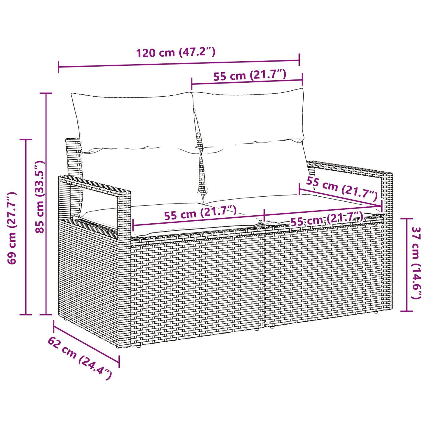 2-Zitter Tuinbank En Kussens Poly Rattan Beige en crème met opslag