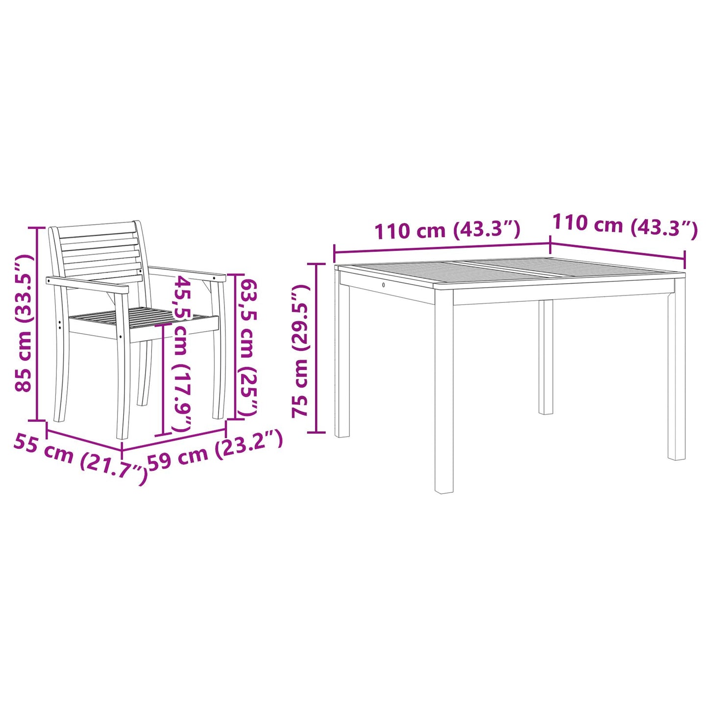 3-Delige Tuin Eetset Van Massief Acaciahout 2-Persoons 110 cm tafel lengte