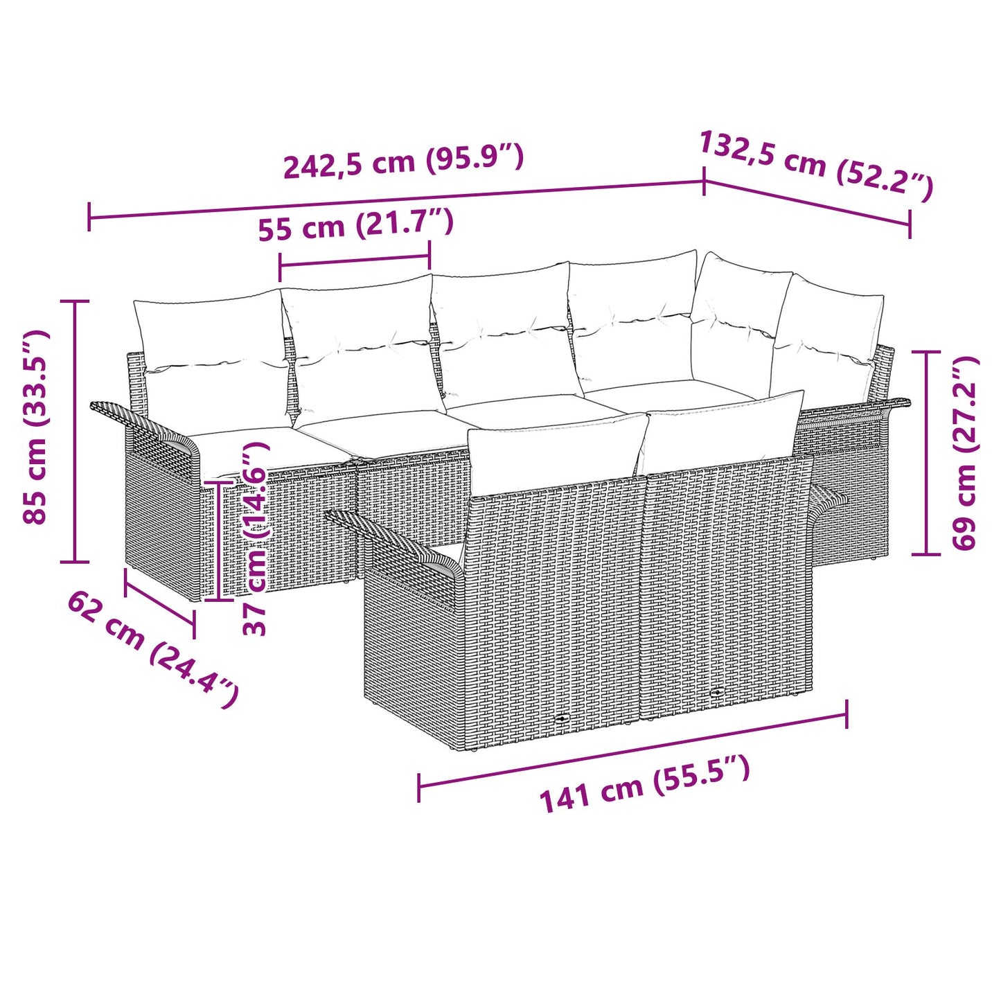 7-Delig Tuin Sofa Set Met Kussens Grijs Poly Rattan