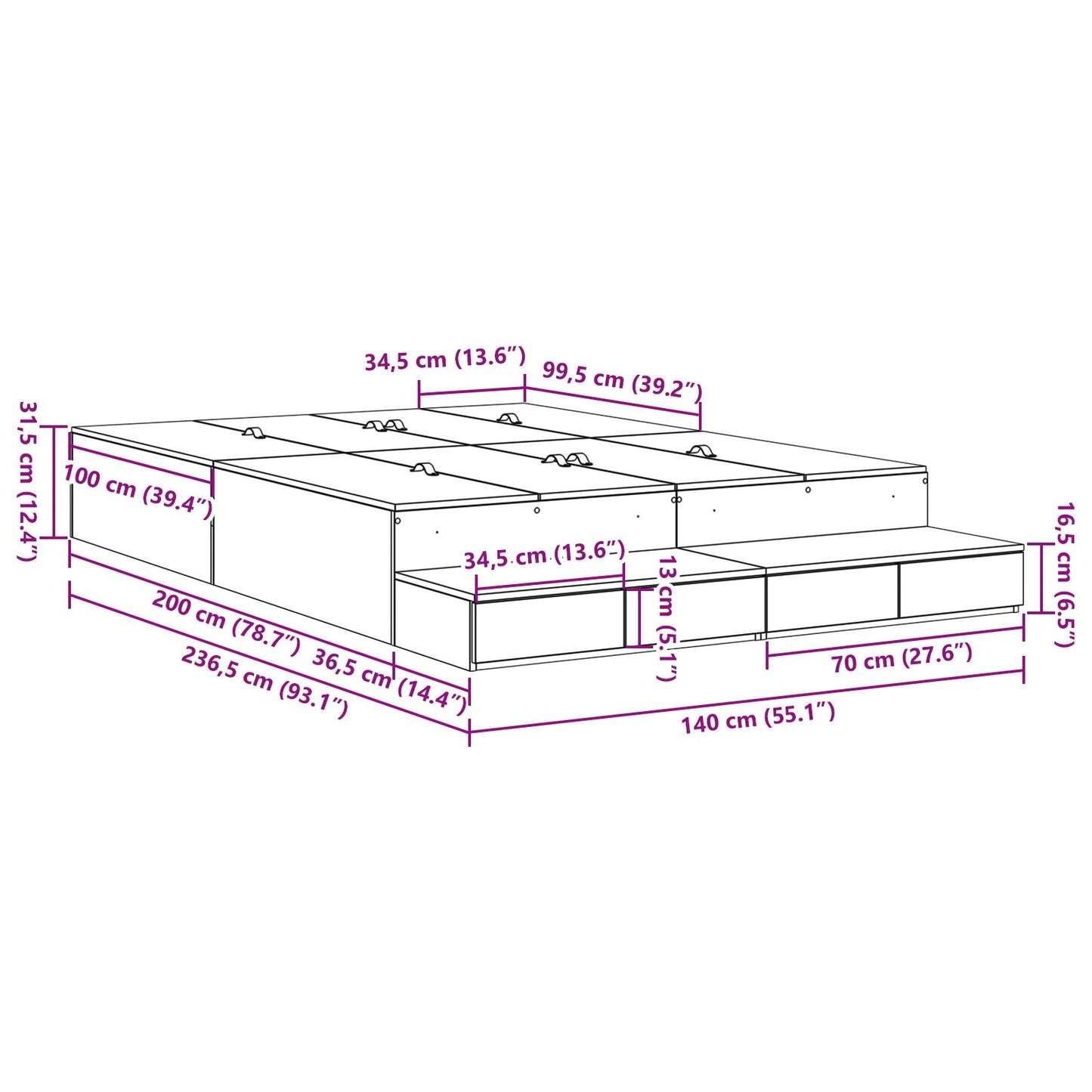 Opbergbedframe Zwart Eiken 140X200 Cm Artisanaal Eiken
