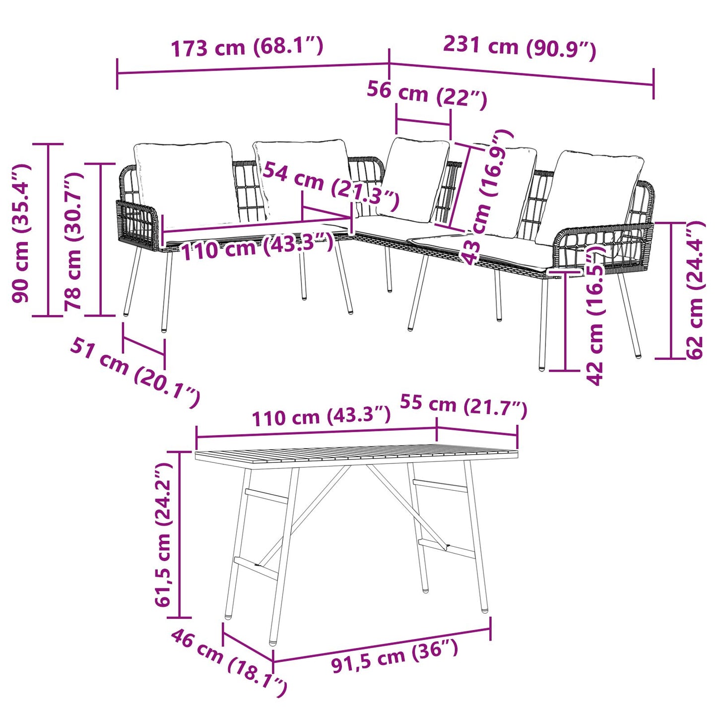 2-Delige Tuinbank Set Met Kussens Poly Rattan Zwart Bank + tafel