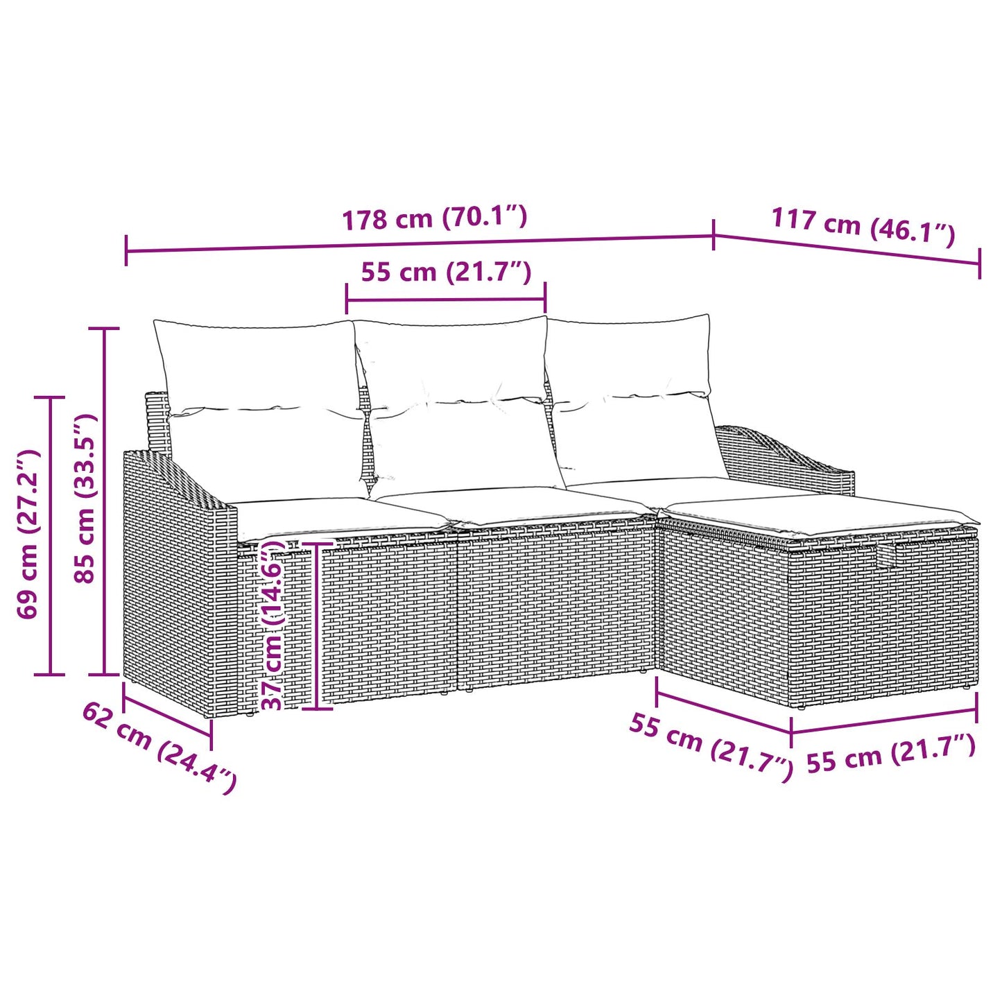 4-Delige Tuinsofa Set Met Kussens Zwart Poly Rattan Wit